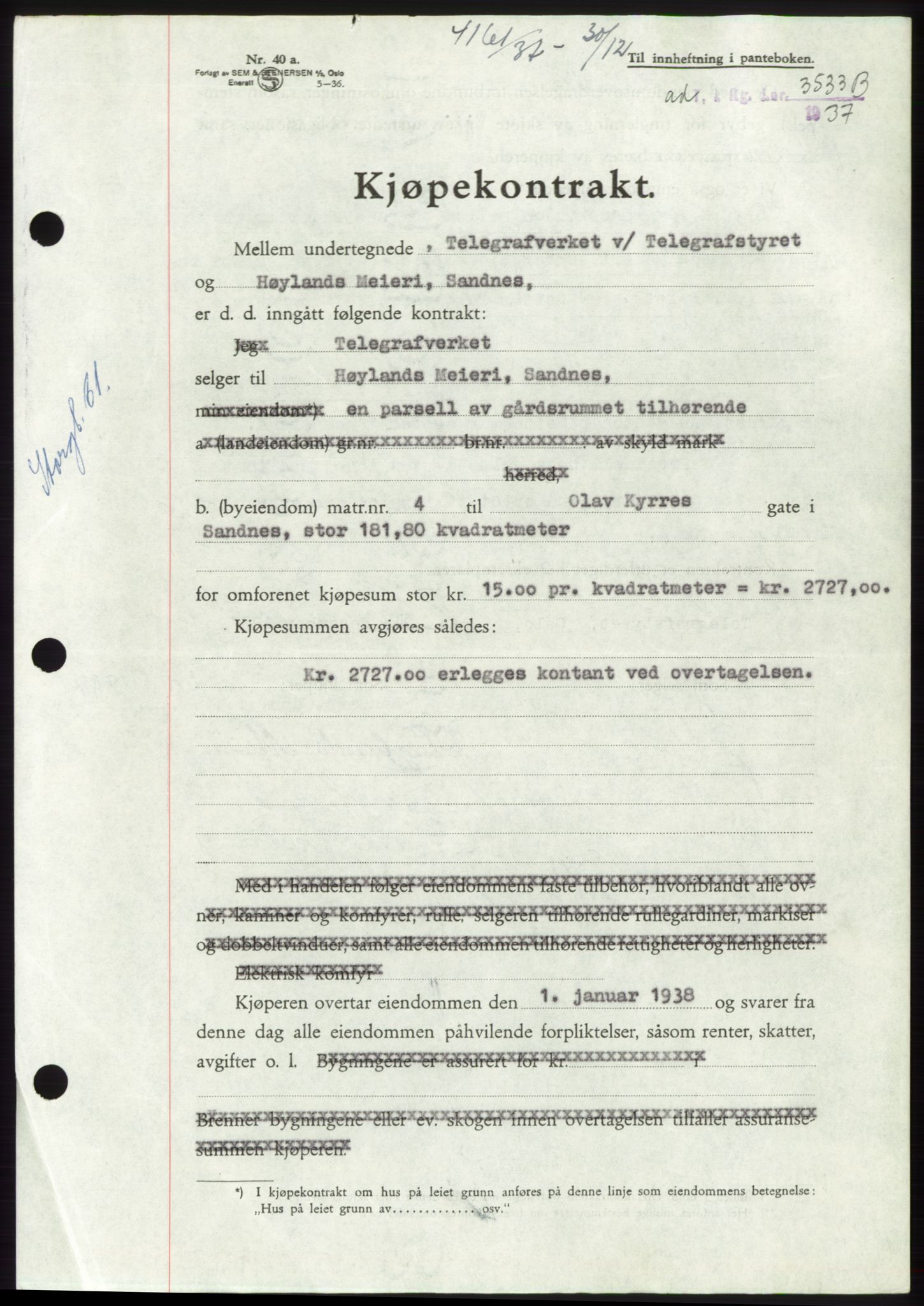 Jæren sorenskriveri, SAST/A-100310/03/G/Gba/L0069: Mortgage book, 1937-1937, Diary no: : 4161/1937