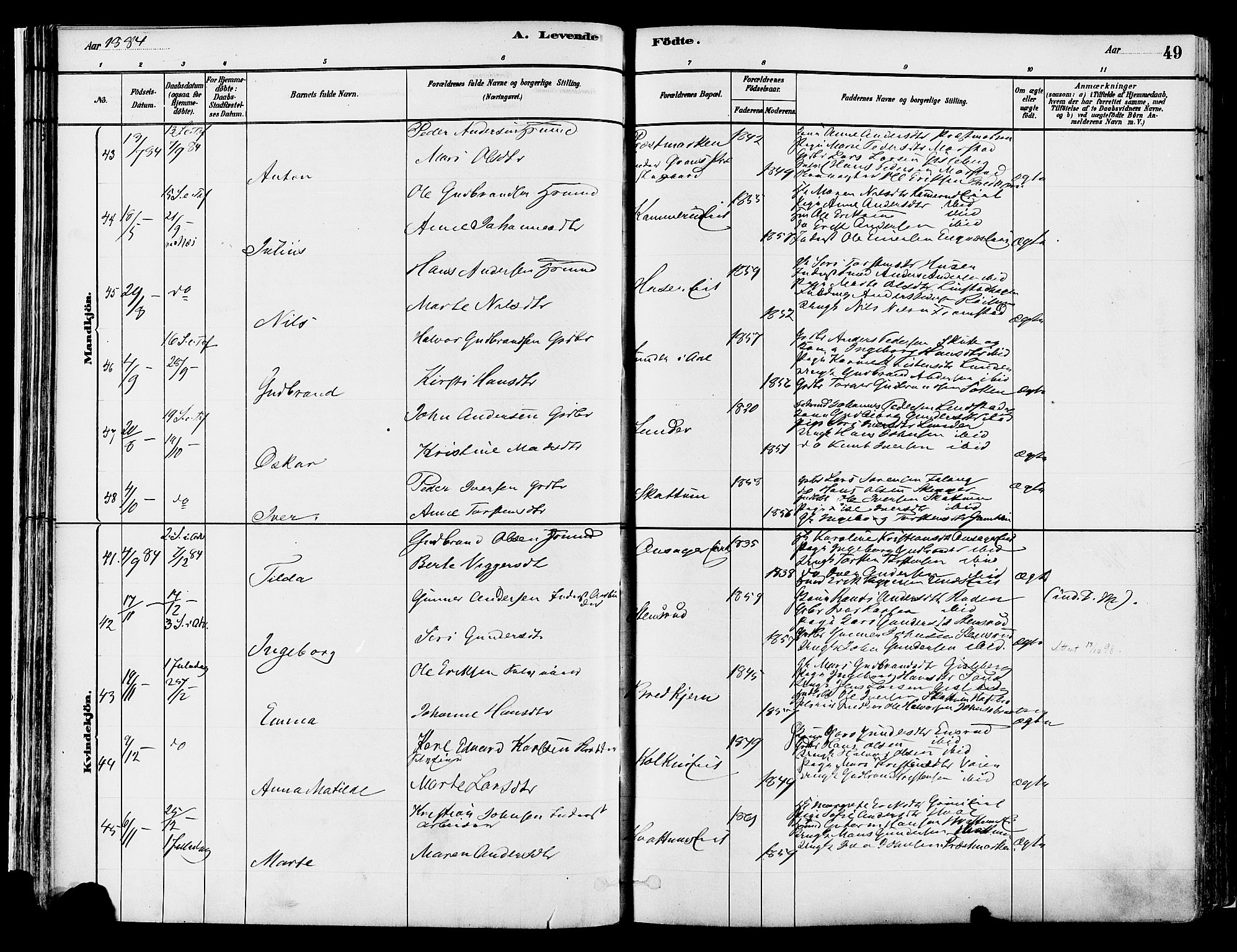 Gran prestekontor, AV/SAH-PREST-112/H/Ha/Haa/L0014: Parish register (official) no. 14, 1880-1889, p. 49