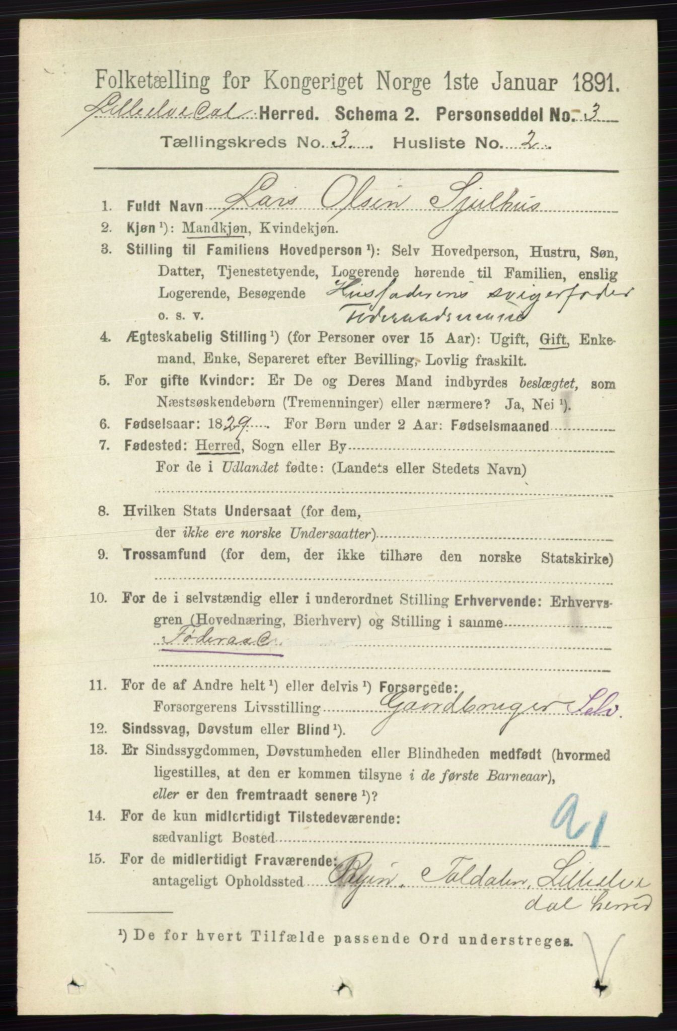 RA, 1891 census for 0438 Lille Elvedalen, 1891, p. 1038