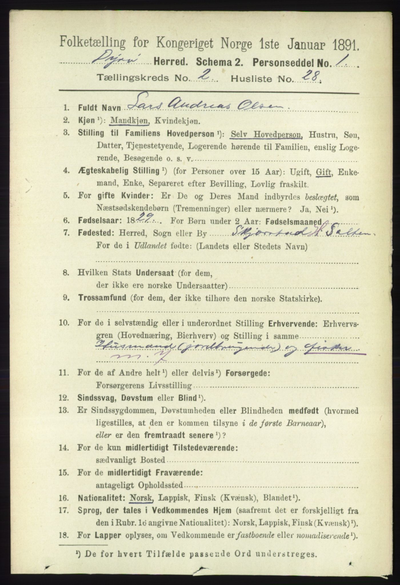 RA, 1891 census for 1926 Dyrøy, 1891, p. 725