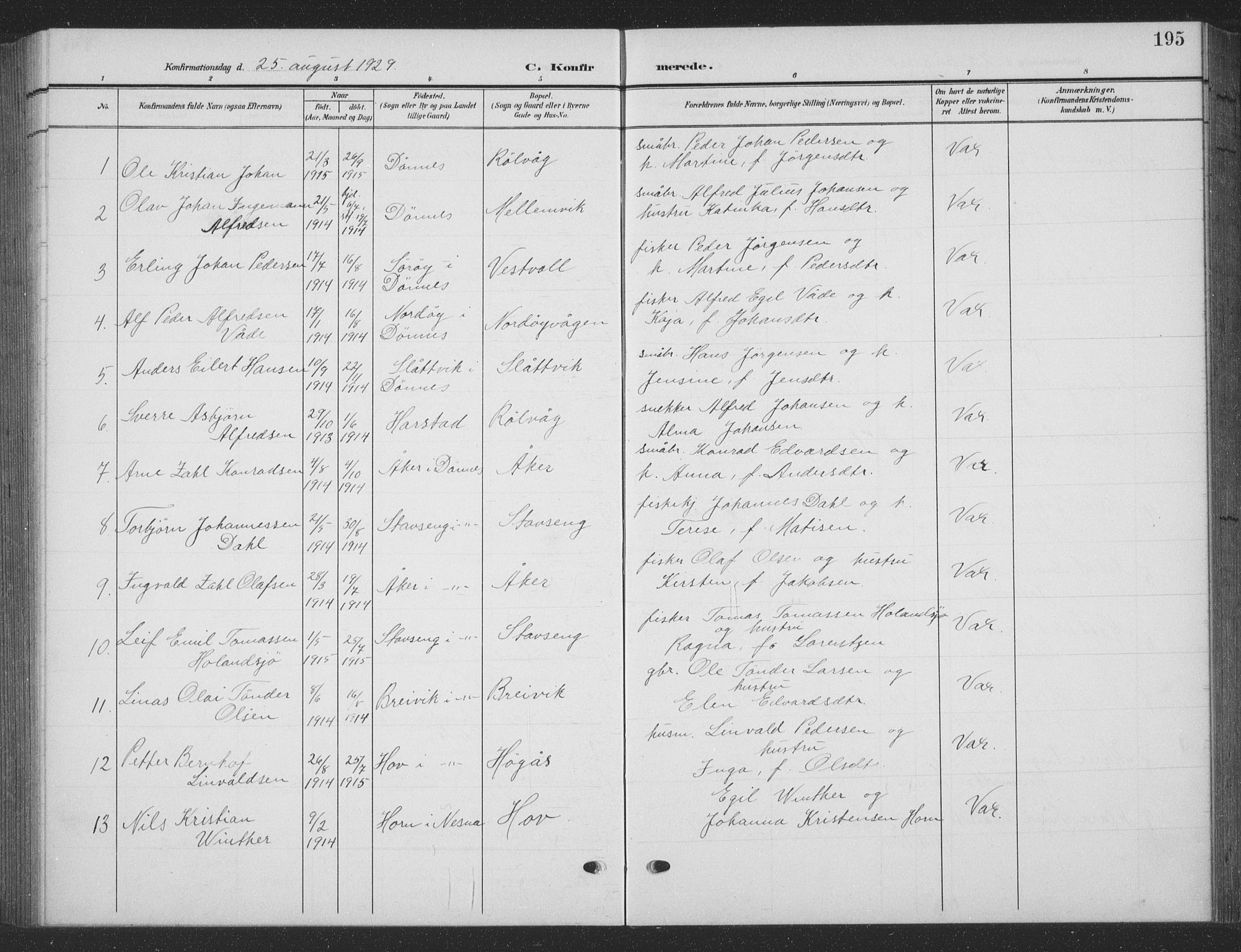 Ministerialprotokoller, klokkerbøker og fødselsregistre - Nordland, SAT/A-1459/835/L0533: Parish register (copy) no. 835C05, 1906-1939, p. 195