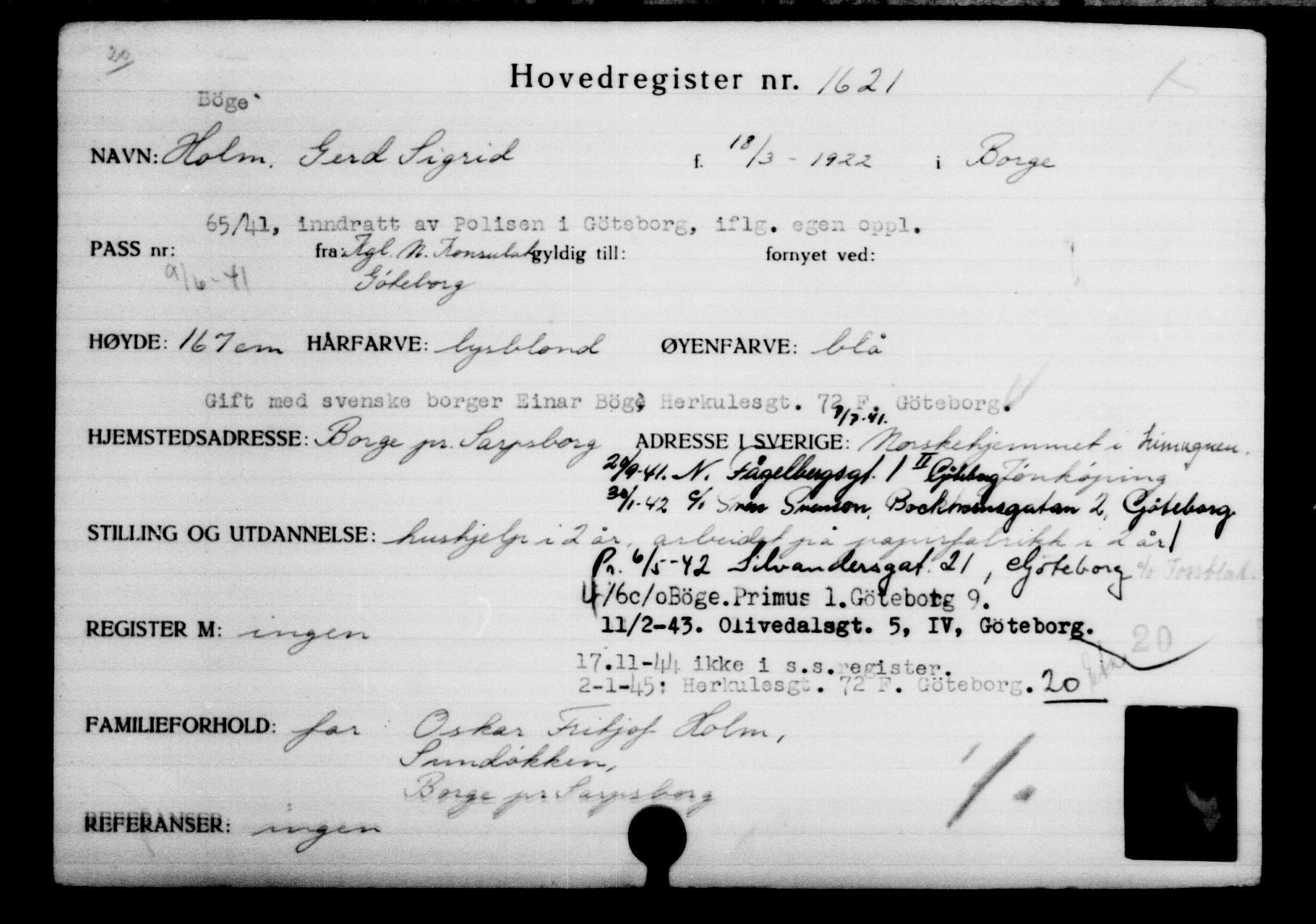 Utenriksstasjonene, Legasjonen i Stockholm, Flyktningkontoret, AV/RA-S-6753/V/Va/L0002: Kjesäterkartoteket, flyktninger med registreringsnr. 1001-2000, 1940-1945, p. 888
