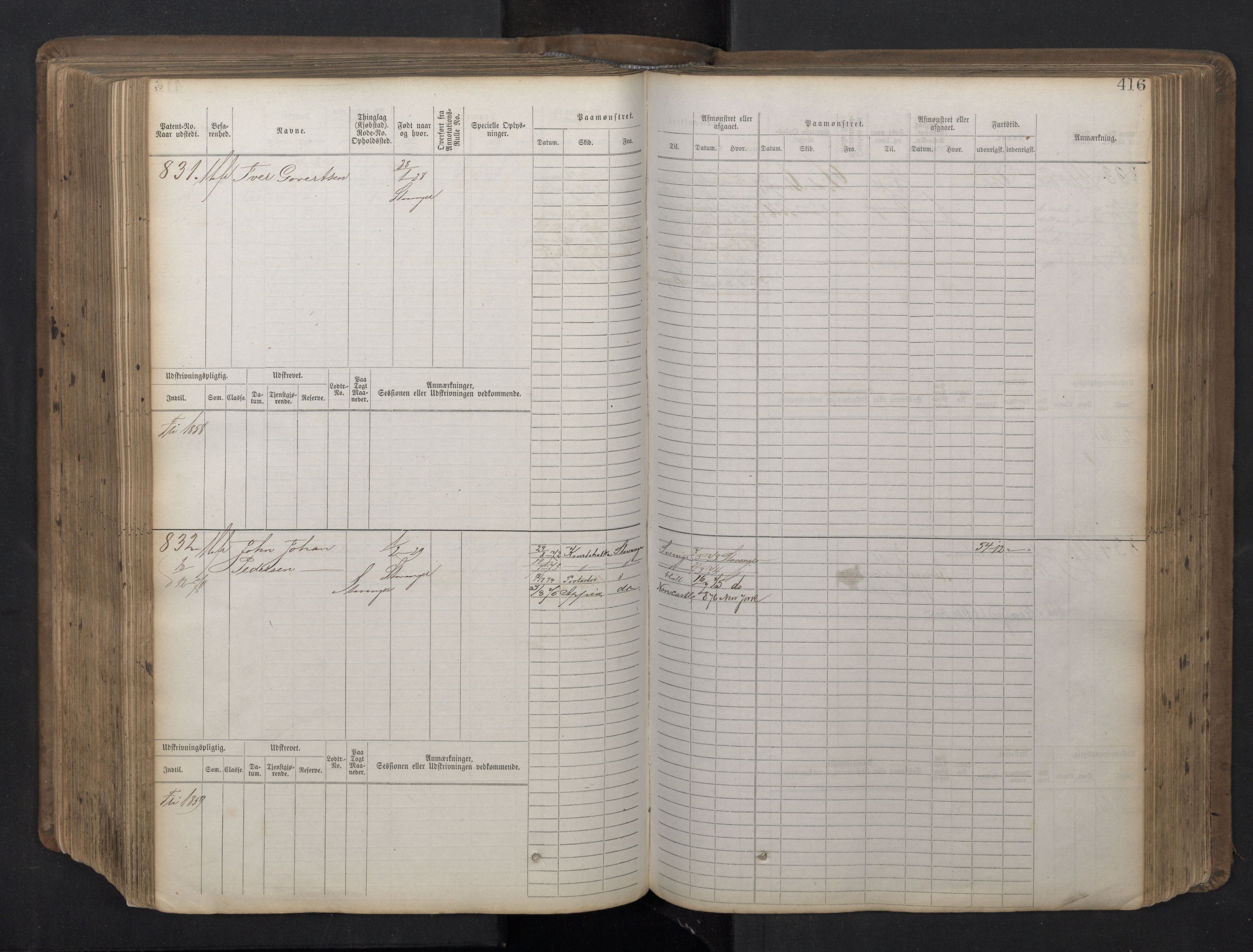 Stavanger sjømannskontor, AV/SAST-A-102006/F/Fb/Fbb/L0016: Sjøfartshovedrulle patnentnr. 1-1202 (dublett), 1869, p. 416