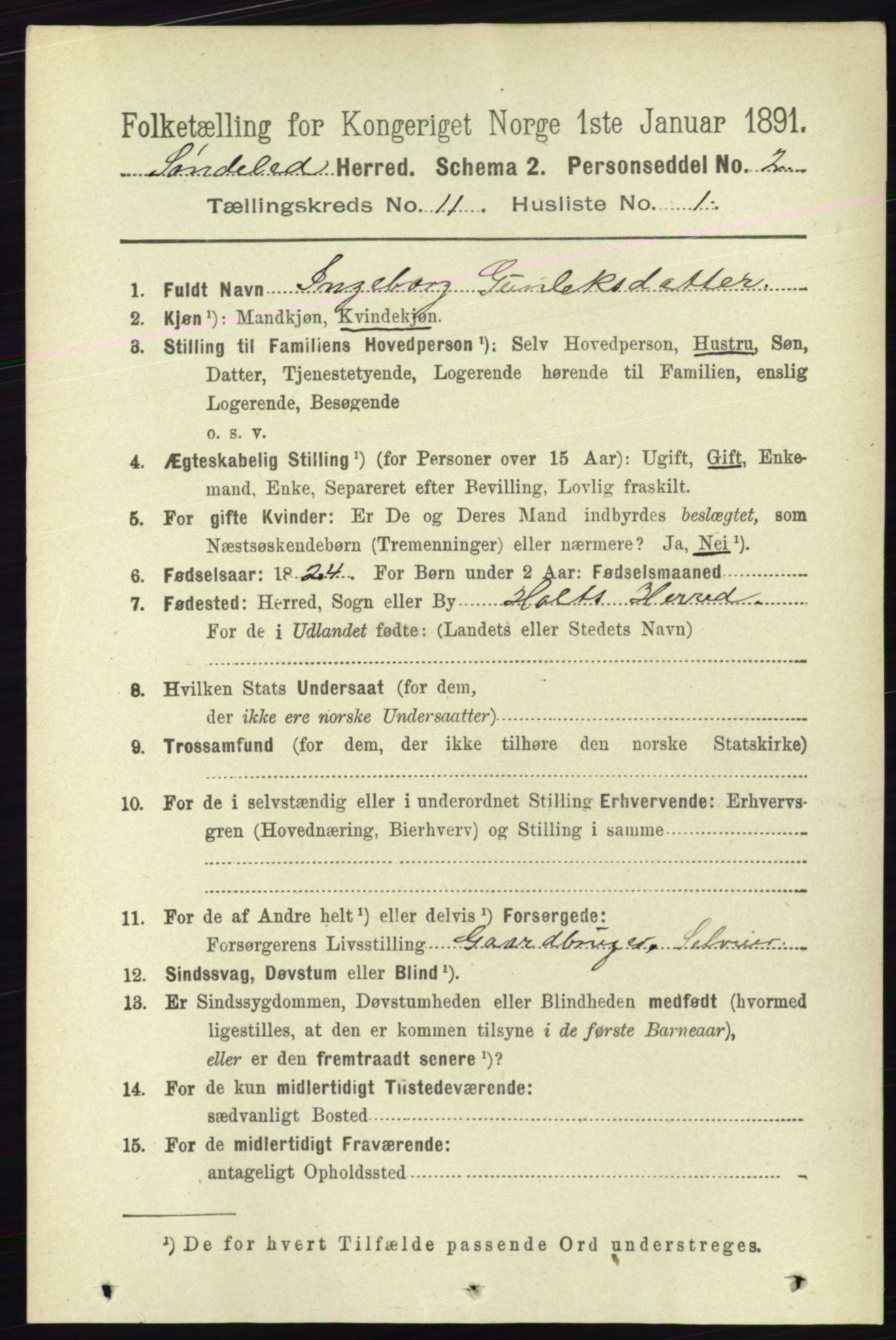 RA, 1891 census for 0913 Søndeled, 1891, p. 3292