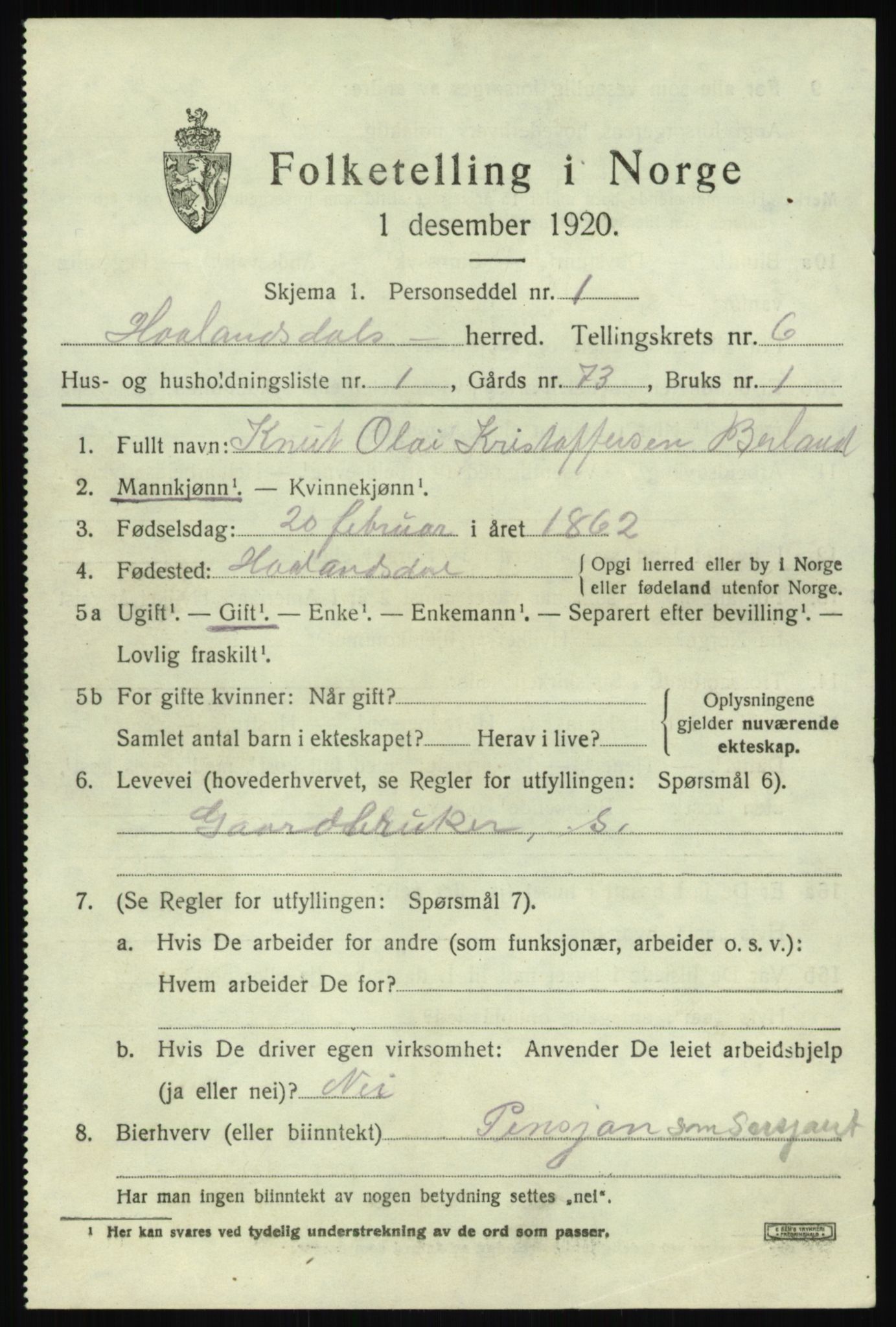 SAB, 1920 census for Hålandsdal, 1920, p. 1254