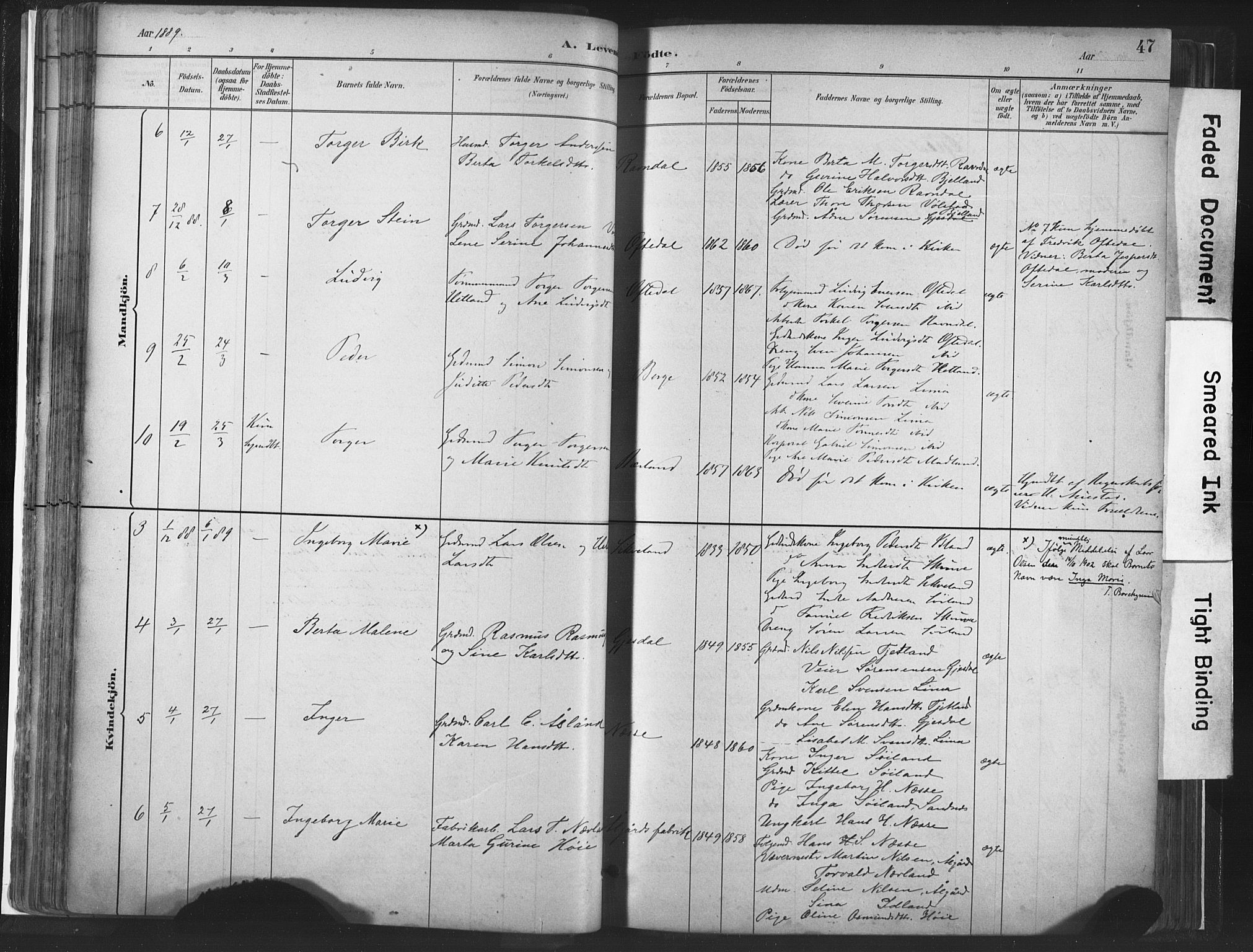 Lye sokneprestkontor, SAST/A-101794/001/30BA/L0010: Parish register (official) no. A 10, 1881-1896, p. 47
