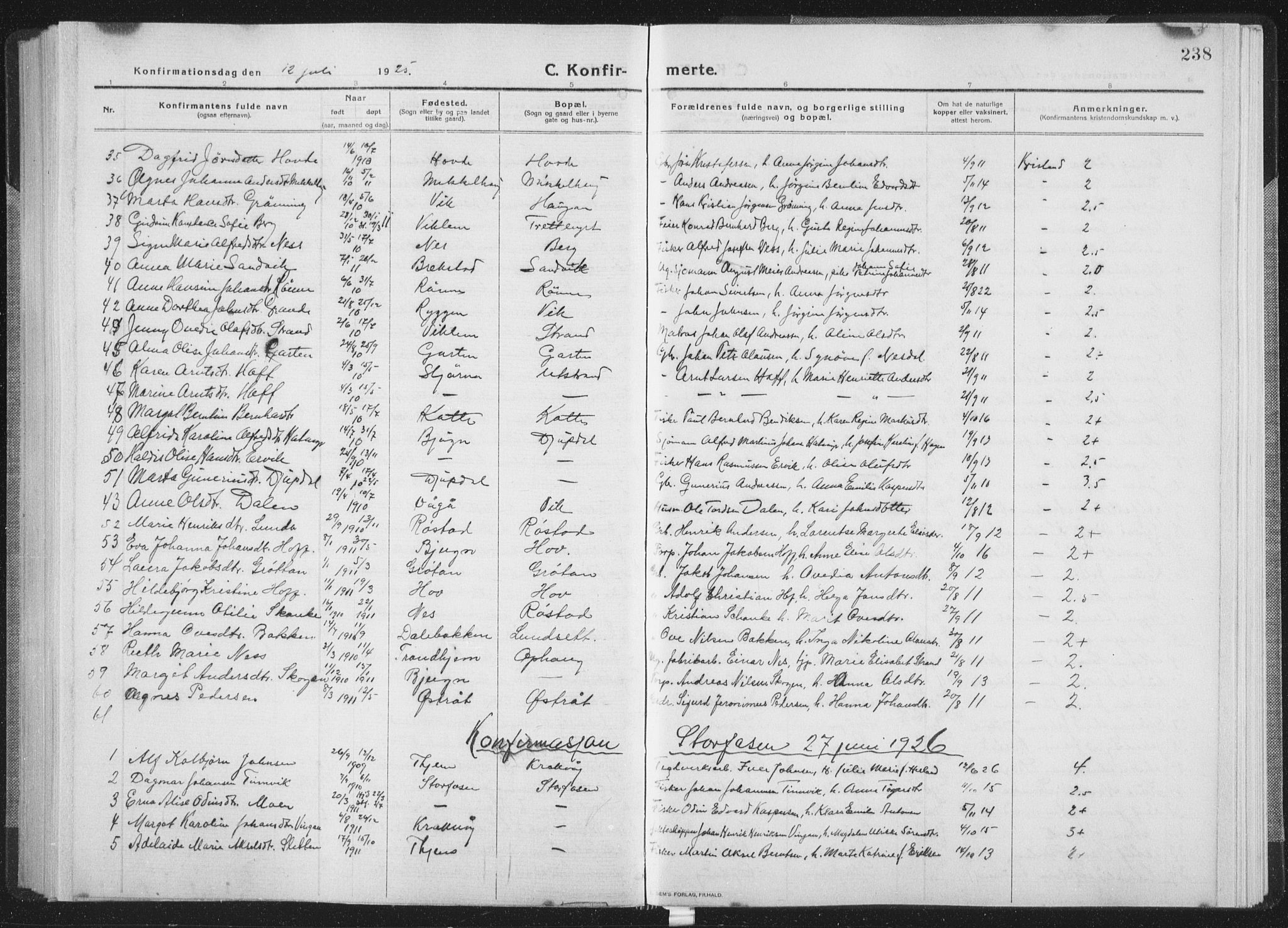 Ministerialprotokoller, klokkerbøker og fødselsregistre - Sør-Trøndelag, SAT/A-1456/659/L0747: Parish register (copy) no. 659C04, 1913-1938, p. 238