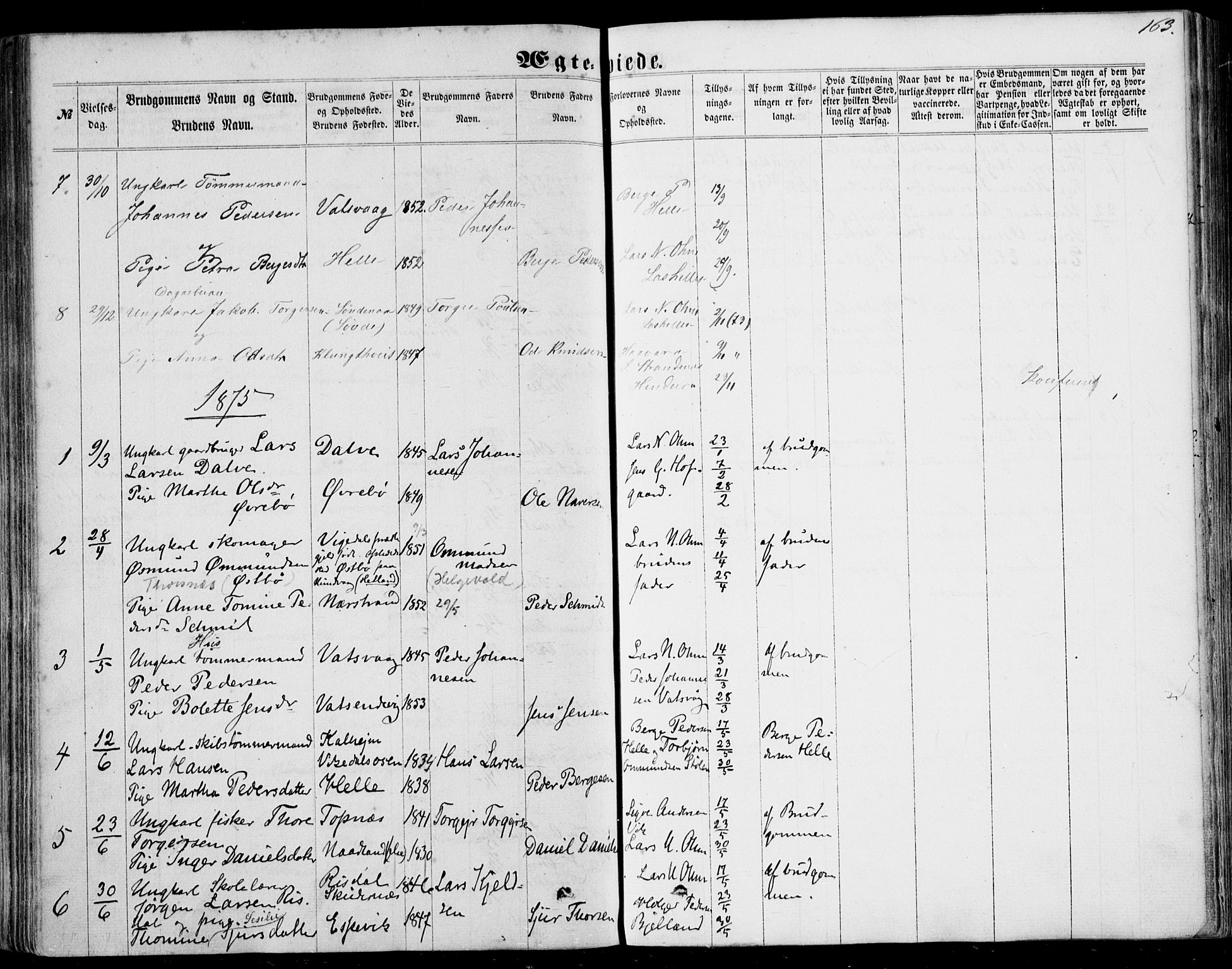 Nedstrand sokneprestkontor, SAST/A-101841/01/IV: Parish register (official) no. A 9, 1861-1876, p. 163
