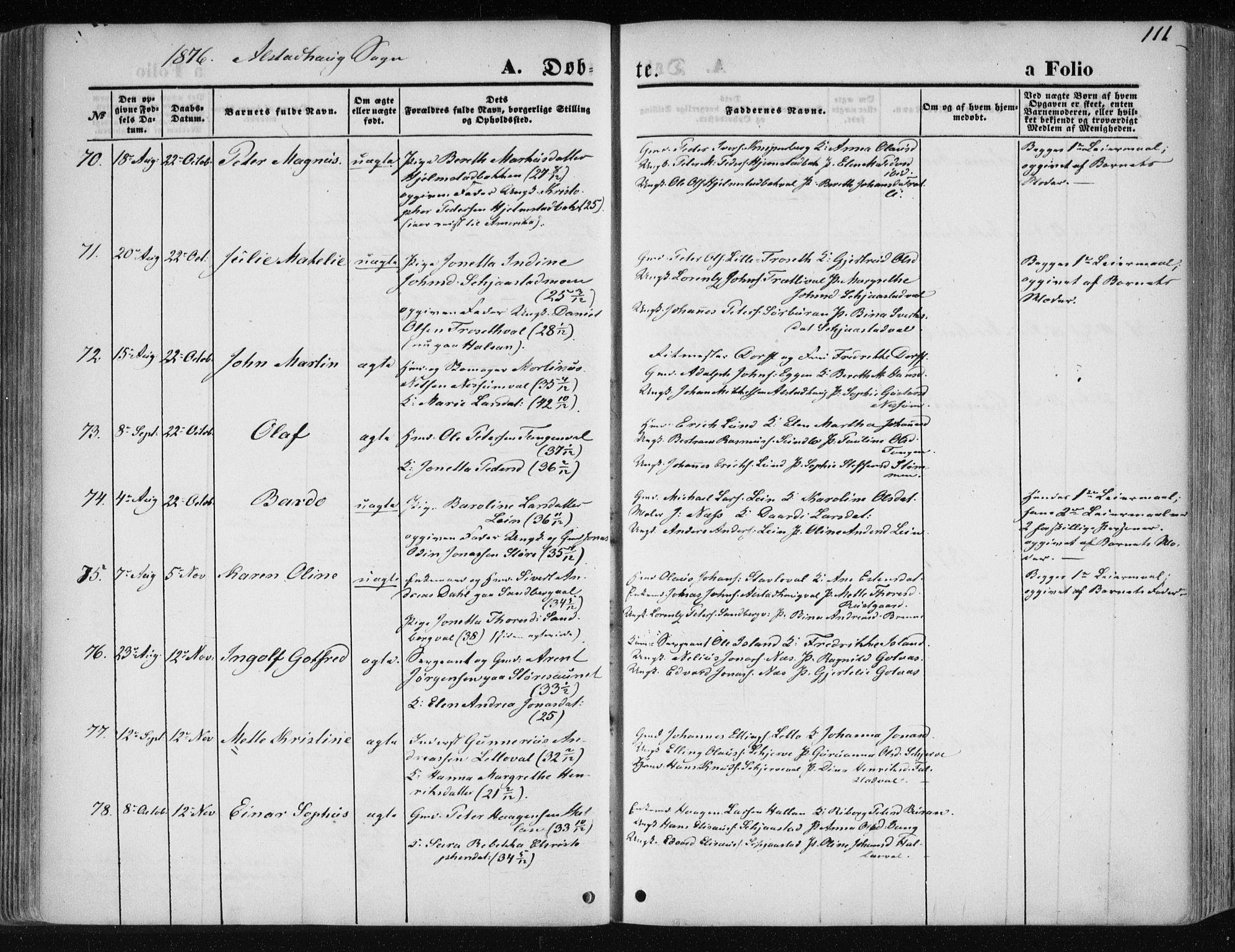 Ministerialprotokoller, klokkerbøker og fødselsregistre - Nord-Trøndelag, SAT/A-1458/717/L0157: Parish register (official) no. 717A08 /1, 1863-1877, p. 111