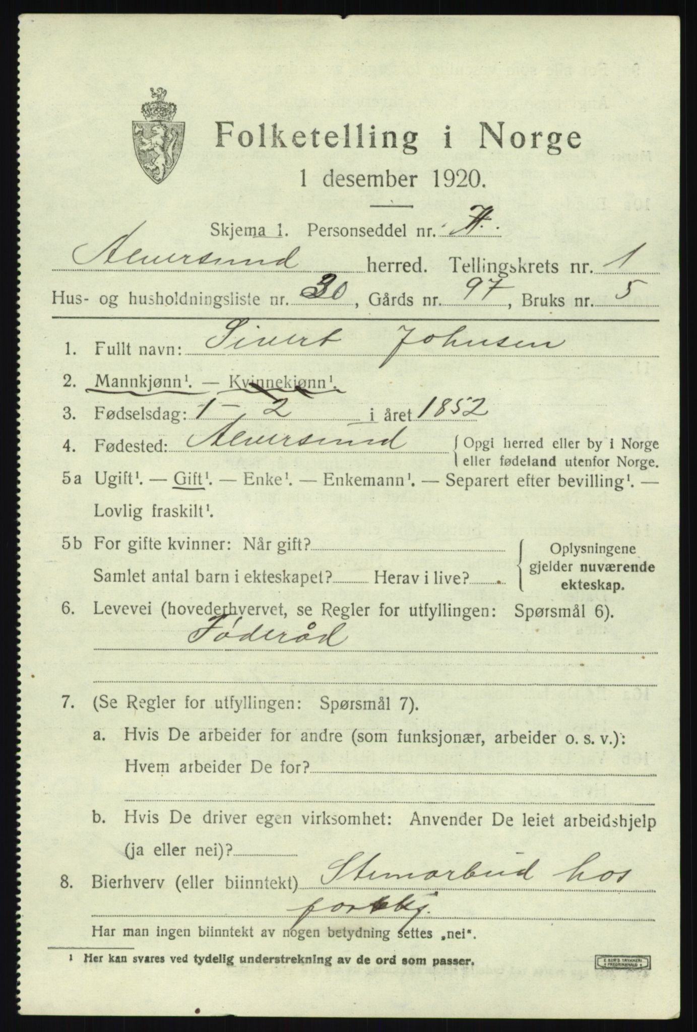 SAB, 1920 census for Alversund, 1920, p. 1542