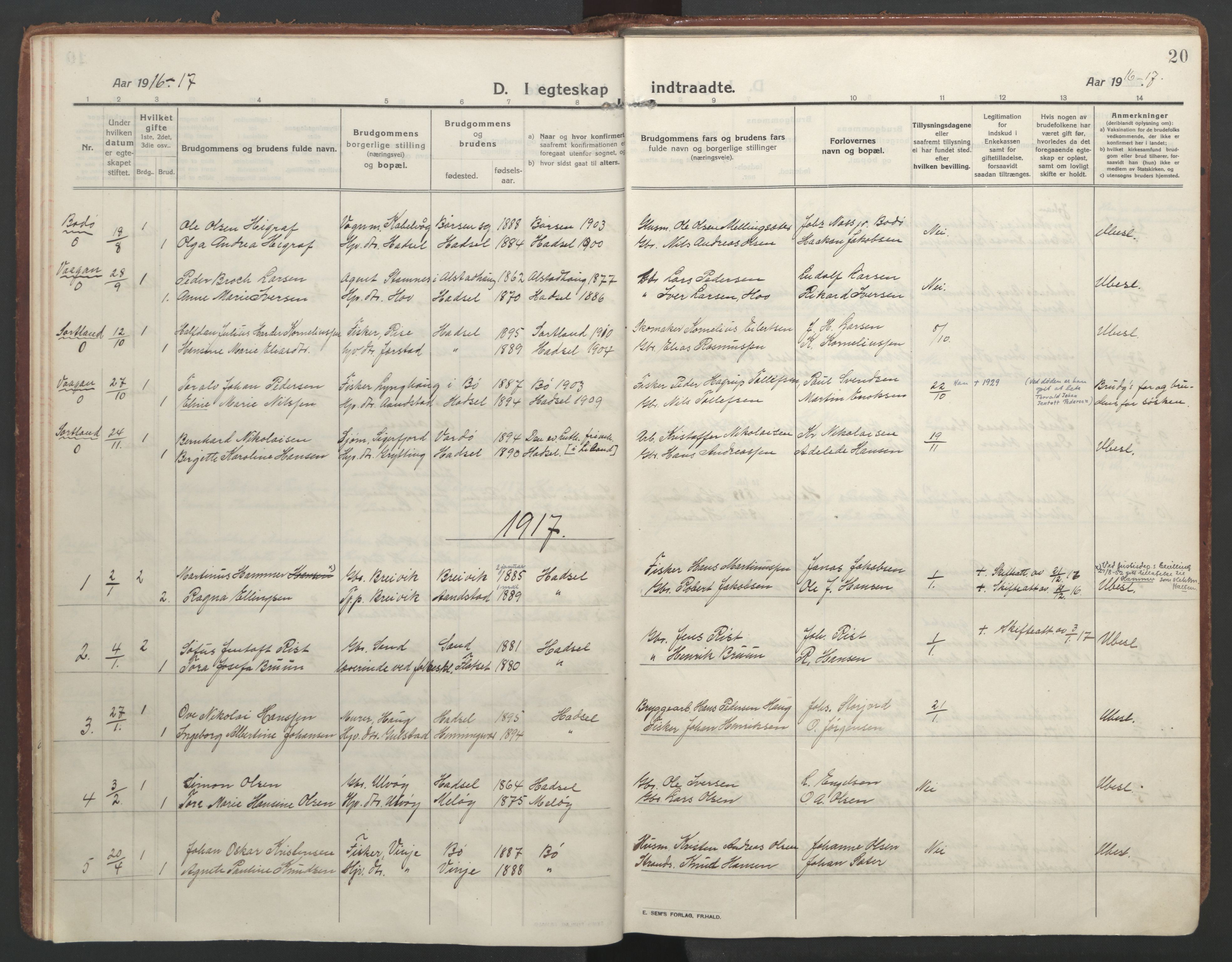 Ministerialprotokoller, klokkerbøker og fødselsregistre - Nordland, SAT/A-1459/888/L1251: Parish register (official) no. 888A17, 1913-1925, p. 20