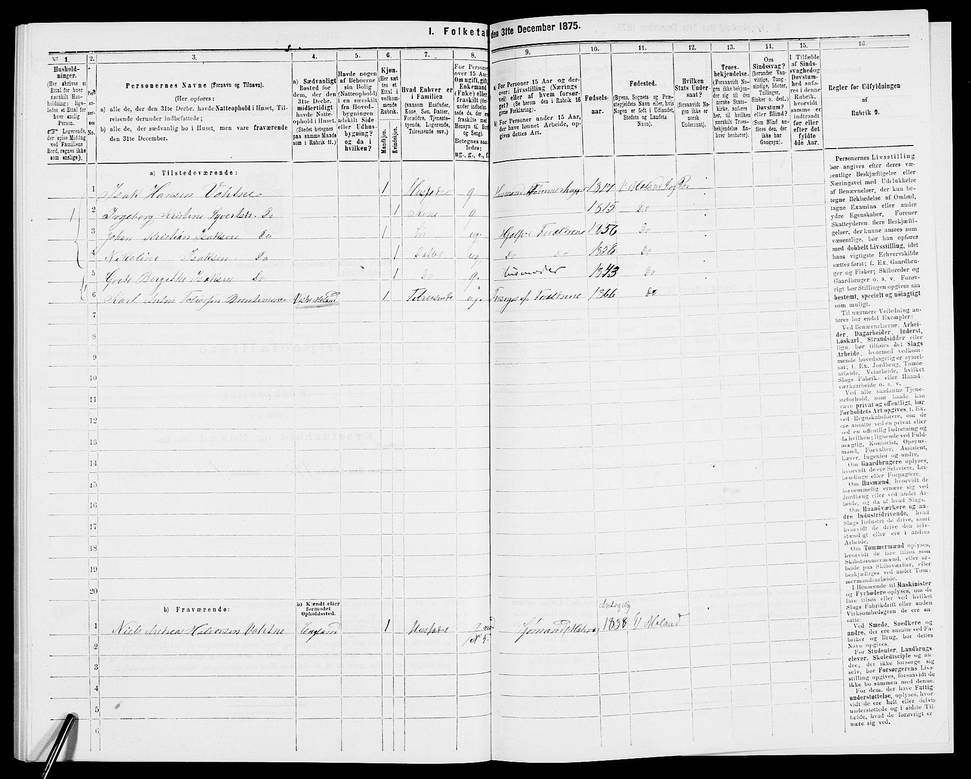 SAK, 1875 census for 0926L Vestre Moland/Vestre Moland, 1875, p. 645