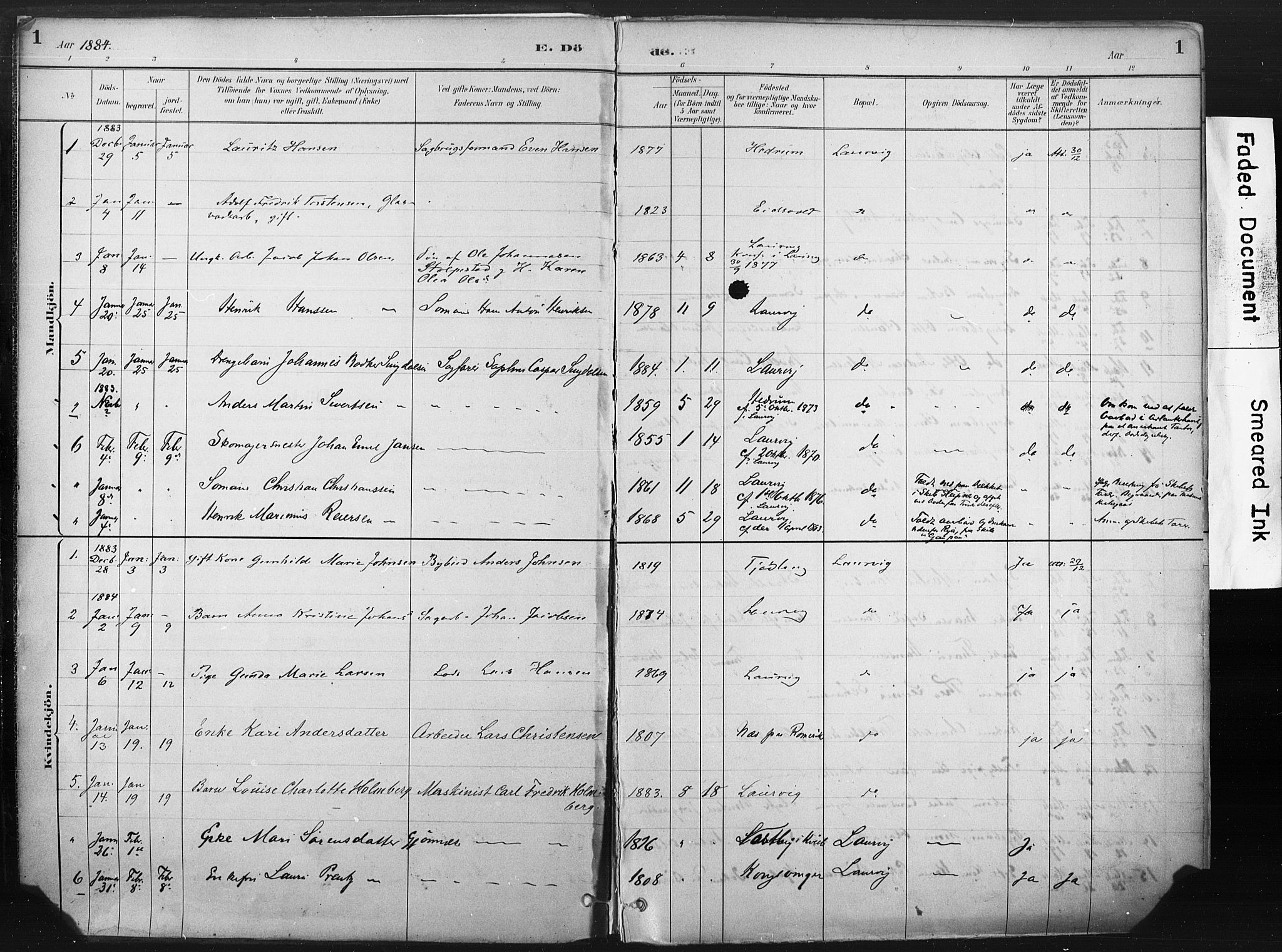 Larvik kirkebøker, AV/SAKO-A-352/F/Fa/L0010: Parish register (official) no. I 10, 1884-1910, p. 1