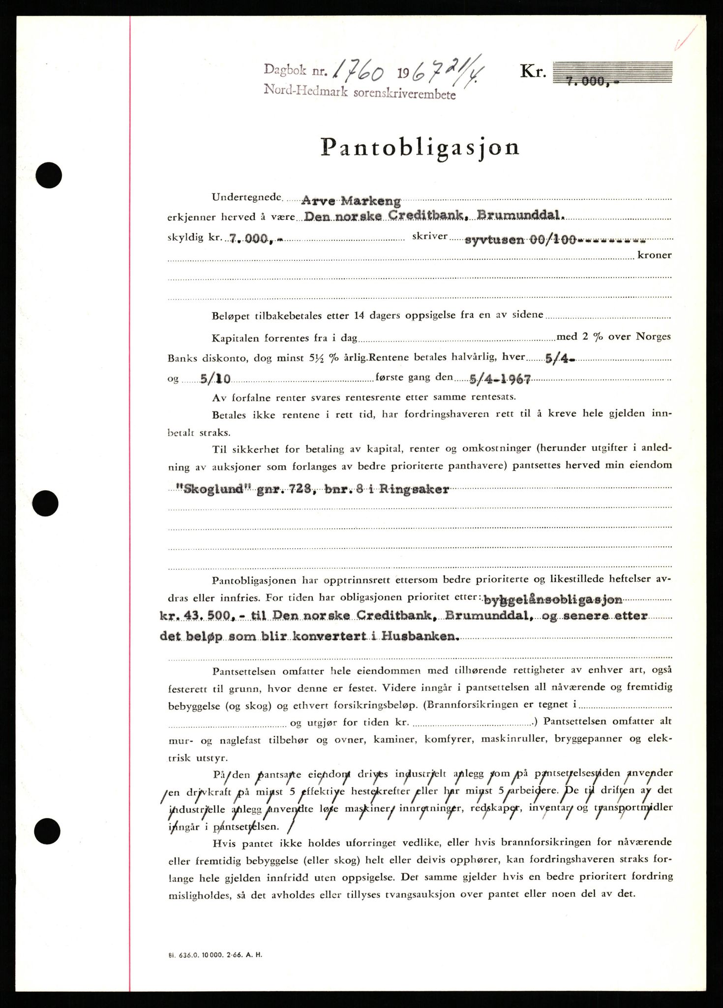 Nord-Hedmark sorenskriveri, SAH/TING-012/H/Hb/Hbf/L0071: Mortgage book no. B71, 1967-1967, Diary no: : 1760/1967