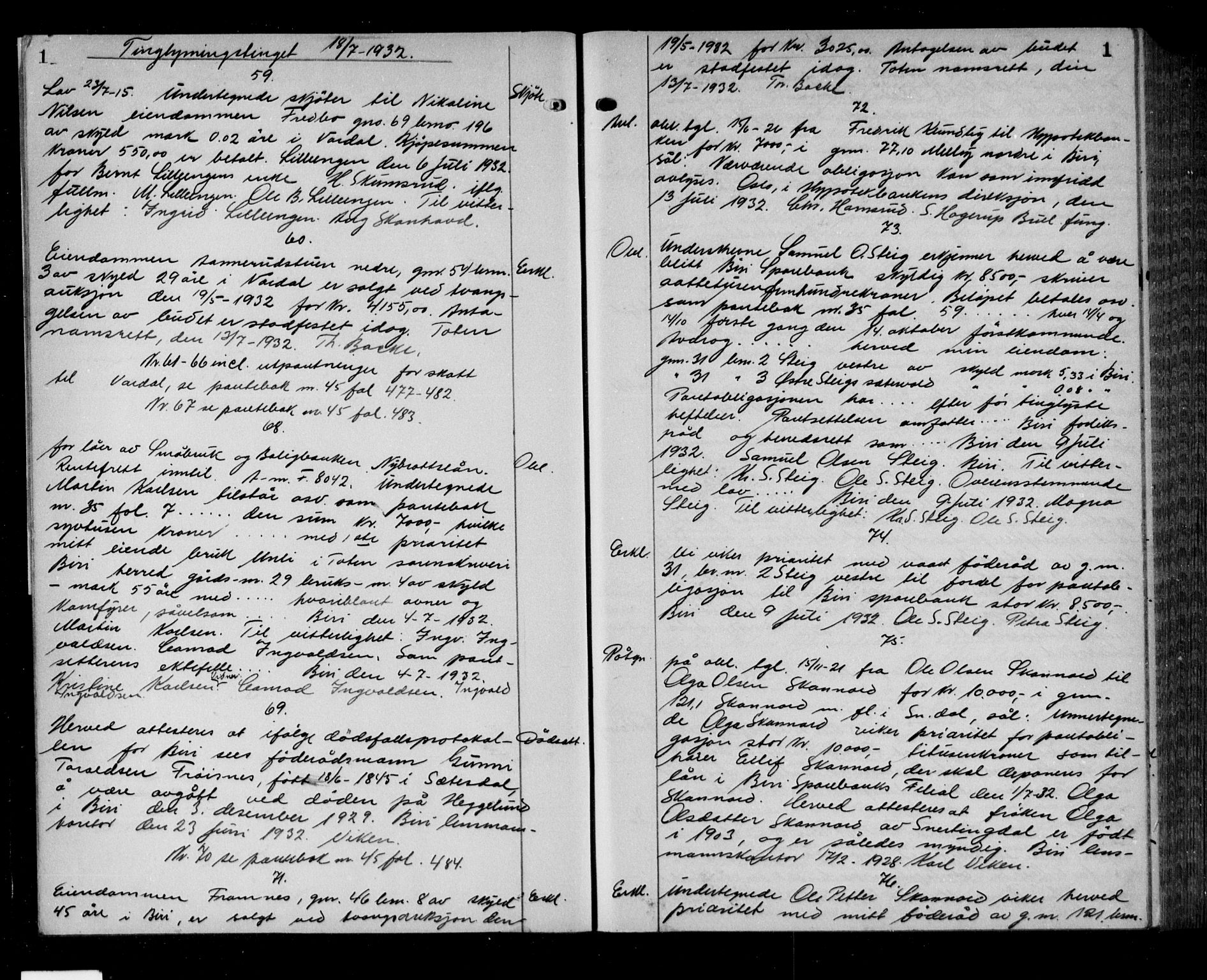 Toten tingrett, AV/SAH-TING-006/H/Hb/Hba/L0046: Mortgage book no. 46, 1932-1935, p. 1