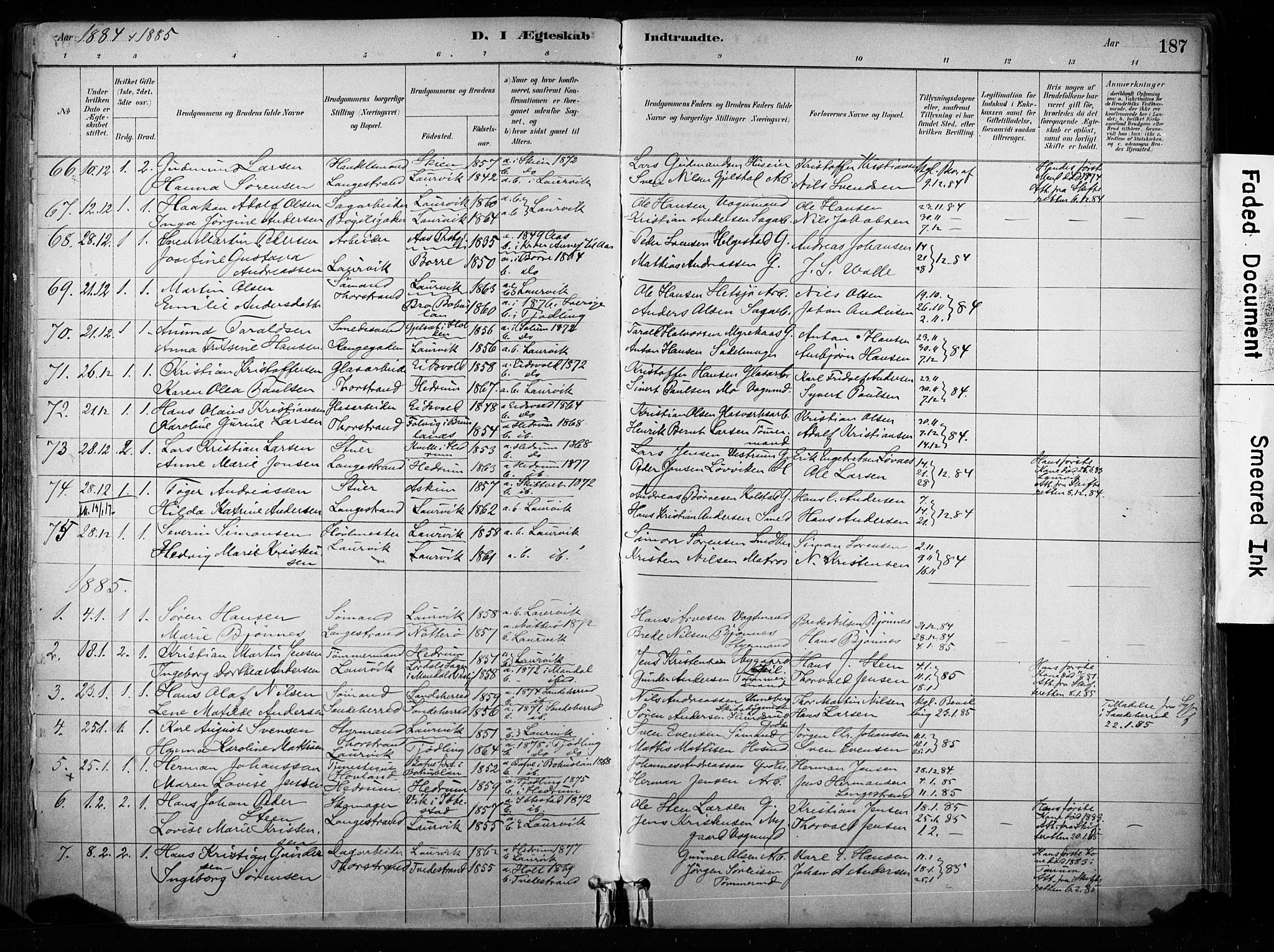 Larvik kirkebøker, AV/SAKO-A-352/F/Fa/L0008: Parish register (official) no. I 8, 1884-1902, p. 187