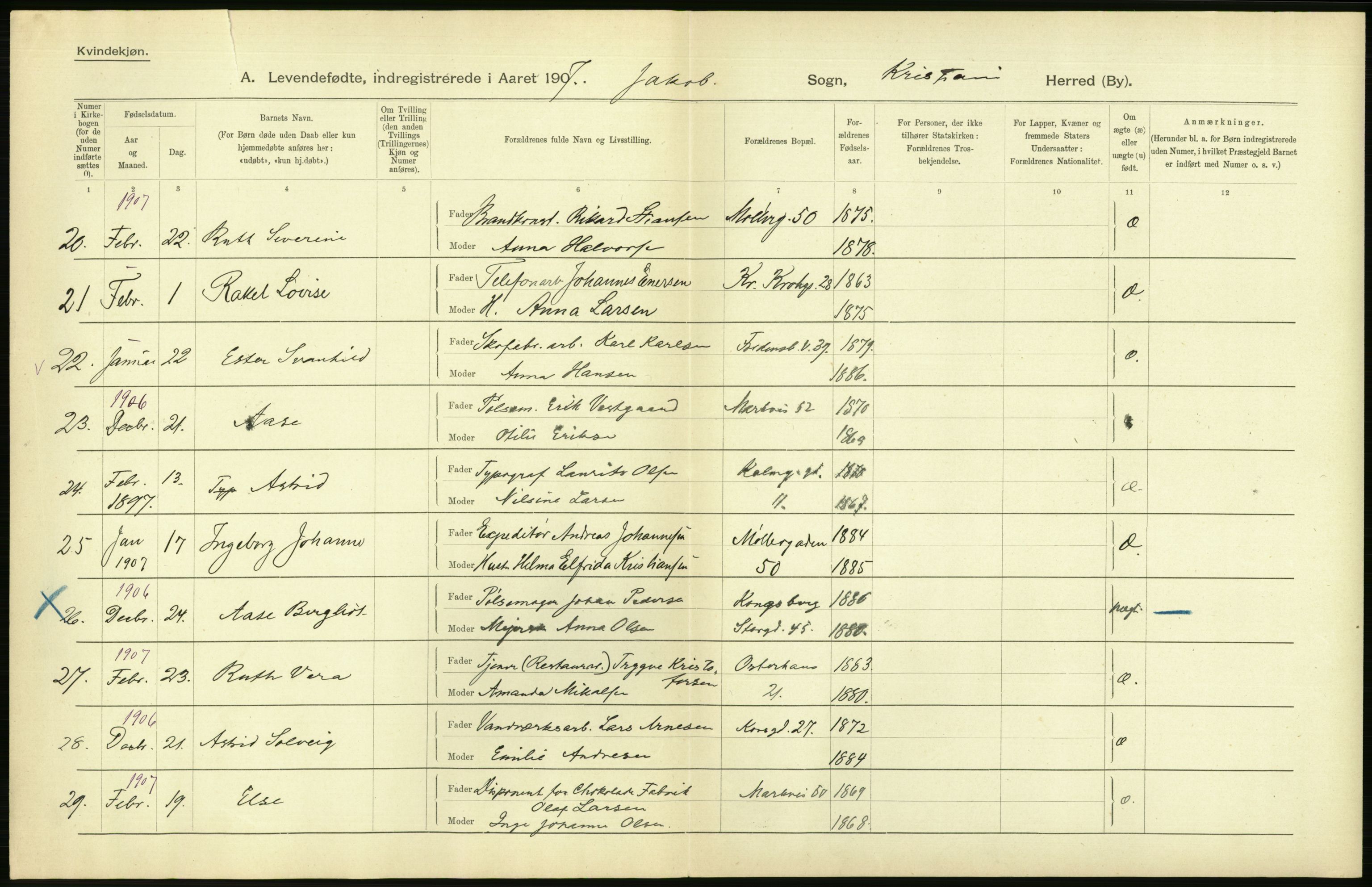 Statistisk sentralbyrå, Sosiodemografiske emner, Befolkning, AV/RA-S-2228/D/Df/Dfa/Dfae/L0007: Kristiania: Levendefødte menn og kvinner., 1907, p. 410