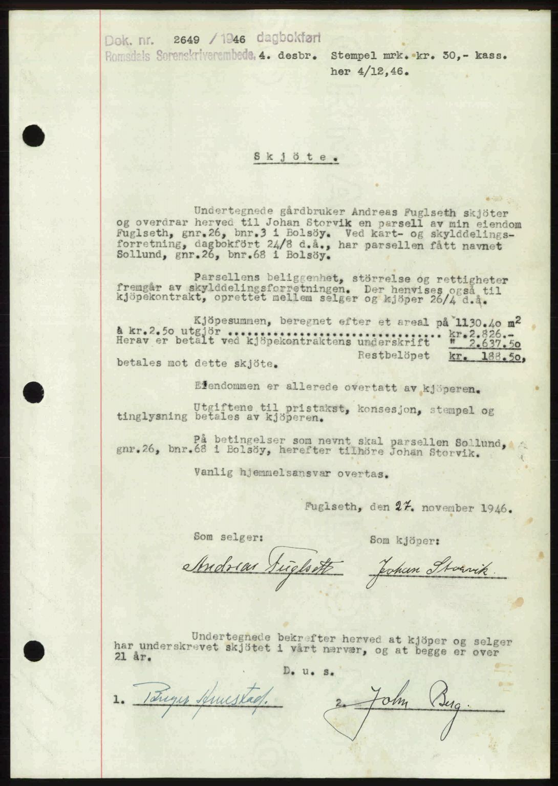 Romsdal sorenskriveri, AV/SAT-A-4149/1/2/2C: Mortgage book no. A21, 1946-1946, Diary no: : 2649/1946