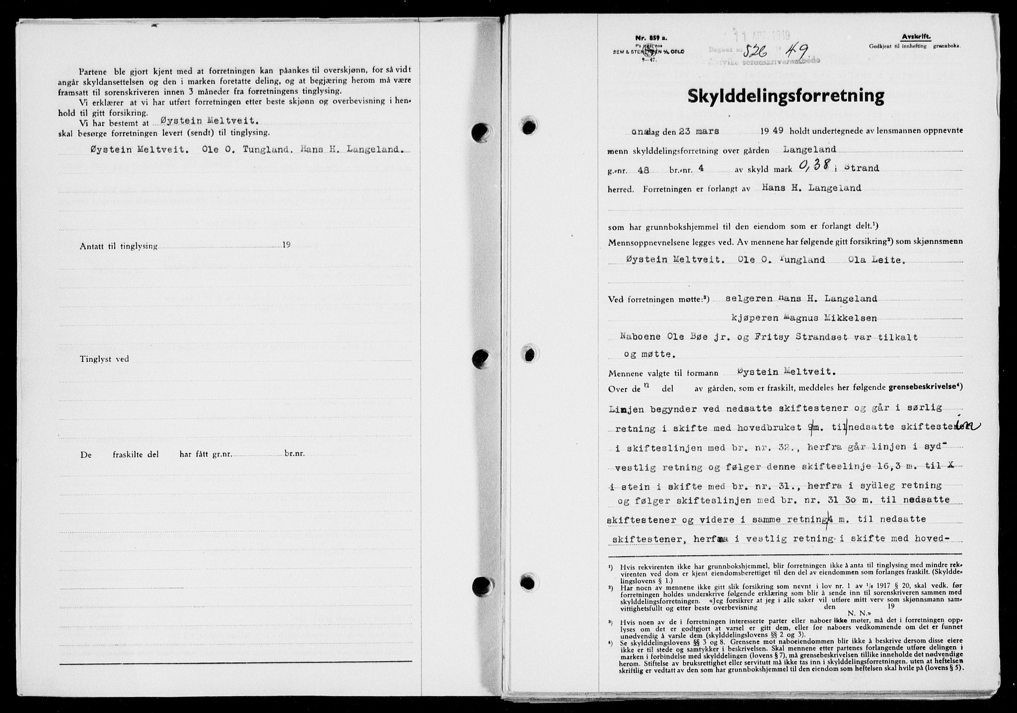 Ryfylke tingrett, AV/SAST-A-100055/001/II/IIB/L0104: Mortgage book no. 83, 1948-1949, Diary no: : 526/1949