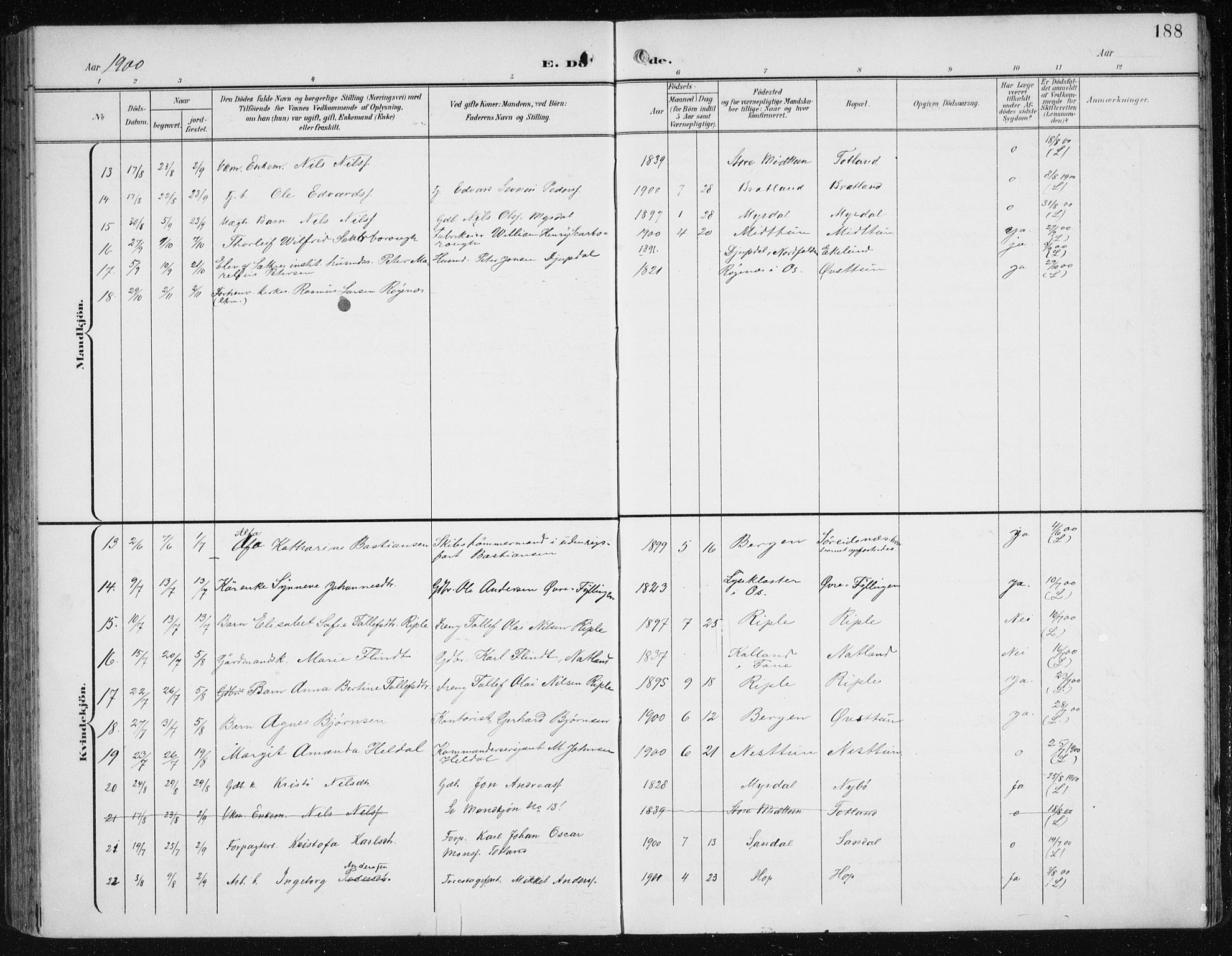 Fana Sokneprestembete, SAB/A-75101/H/Haa/Haai/L0003: Parish register (official) no. I 3, 1900-1912, p. 188