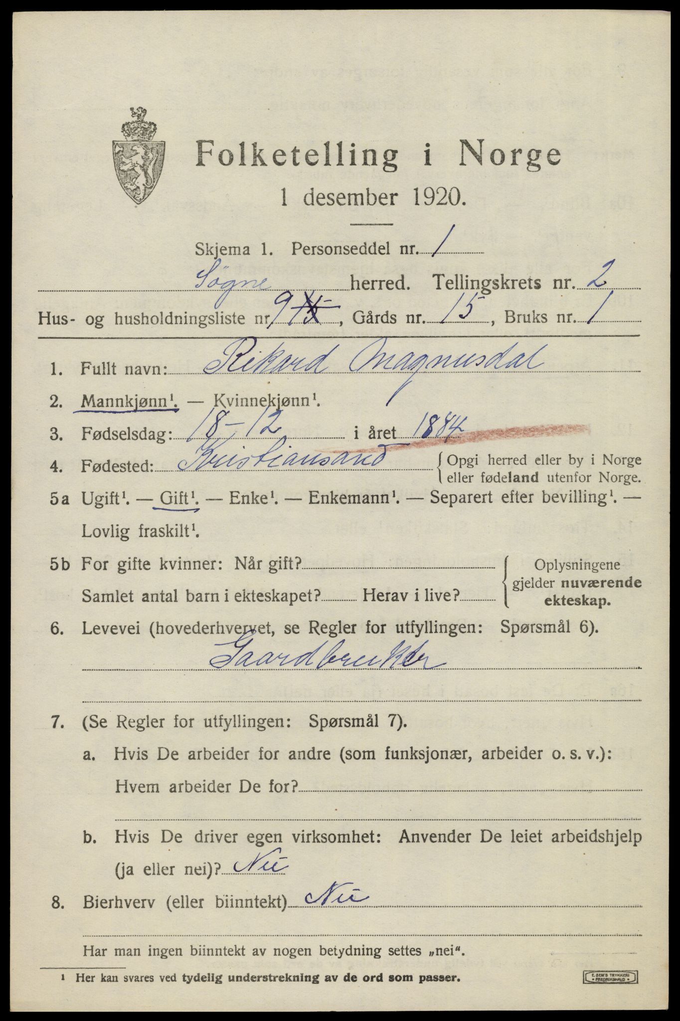 SAK, 1920 census for Søgne, 1920, p. 1525