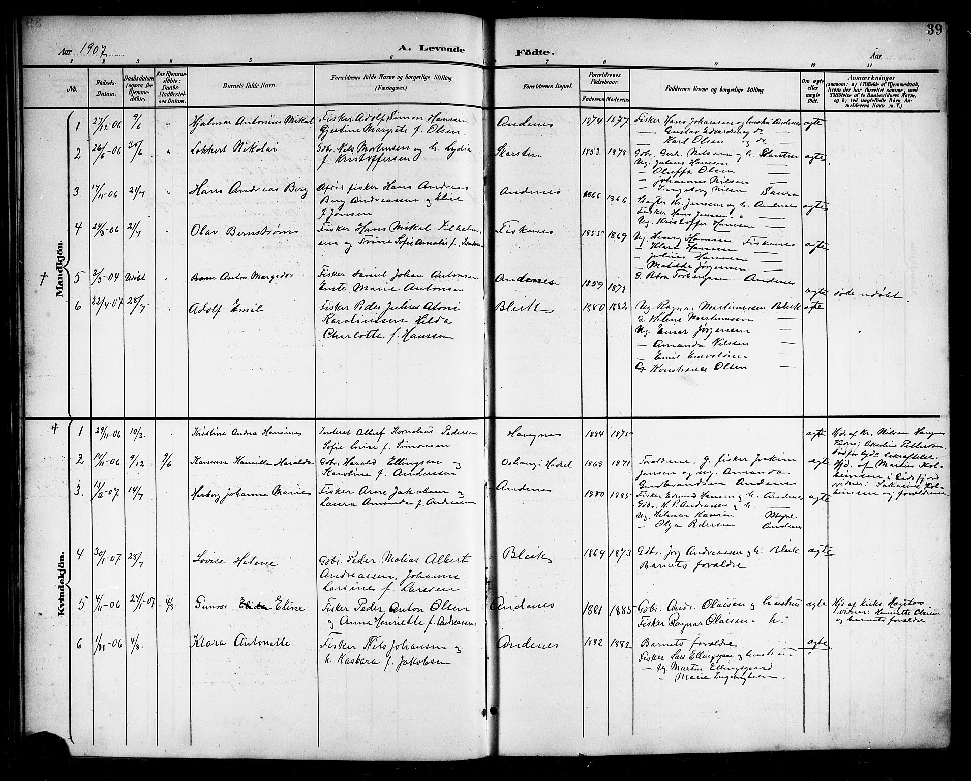 Ministerialprotokoller, klokkerbøker og fødselsregistre - Nordland, AV/SAT-A-1459/899/L1449: Parish register (copy) no. 899C04, 1900-1918, p. 39