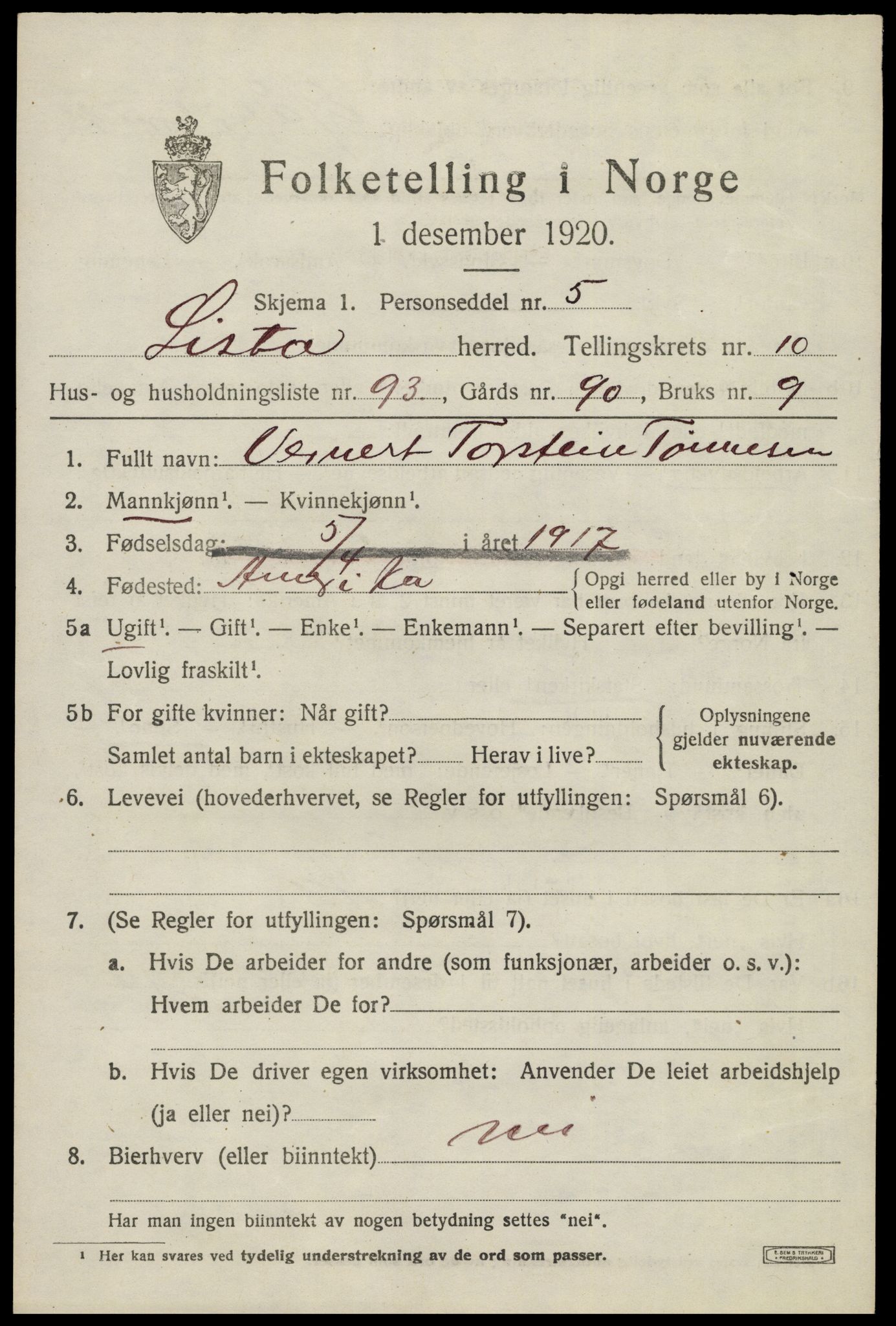 SAK, 1920 census for Lista, 1920, p. 10945