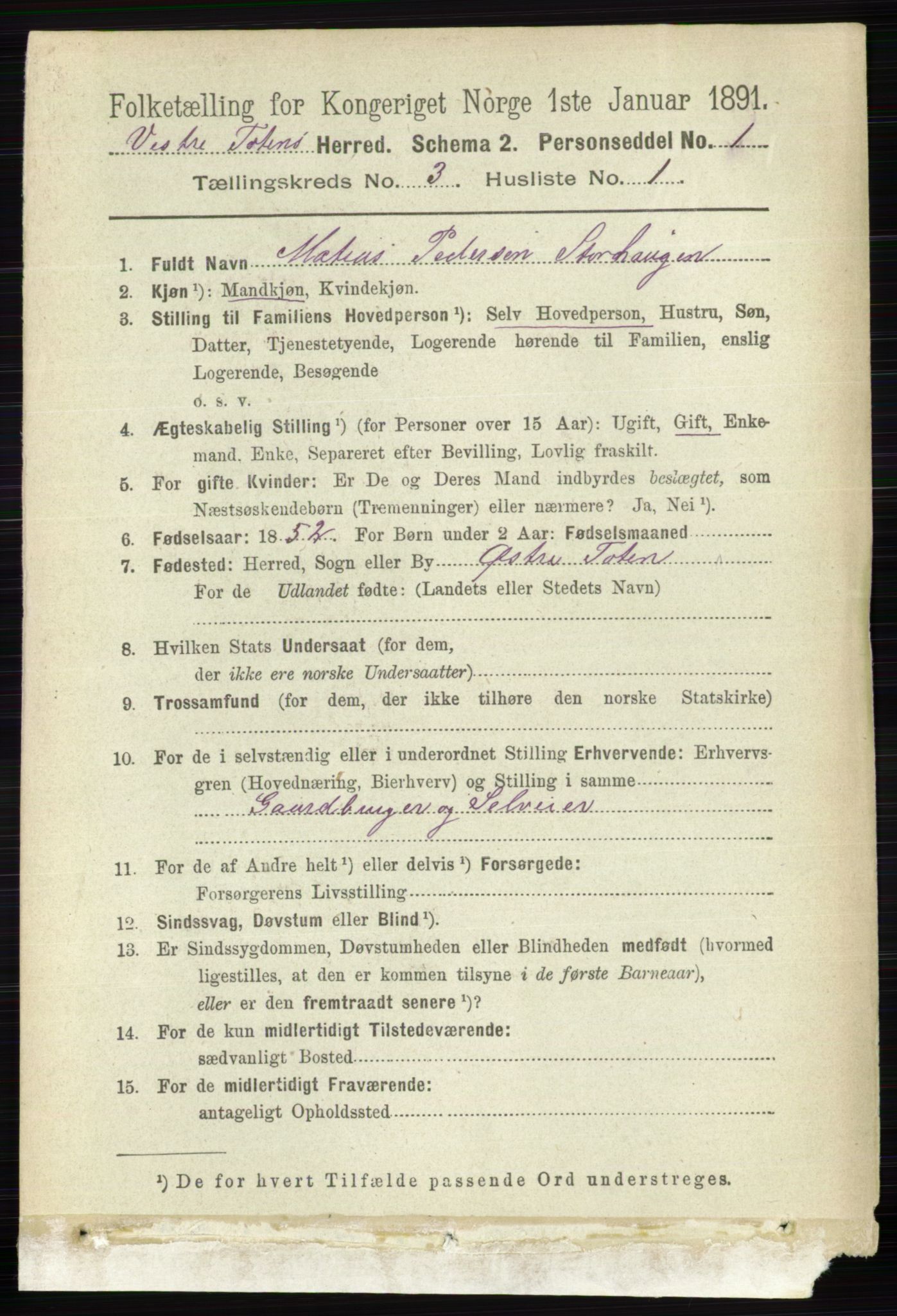 RA, 1891 census for 0529 Vestre Toten, 1891, p. 1993