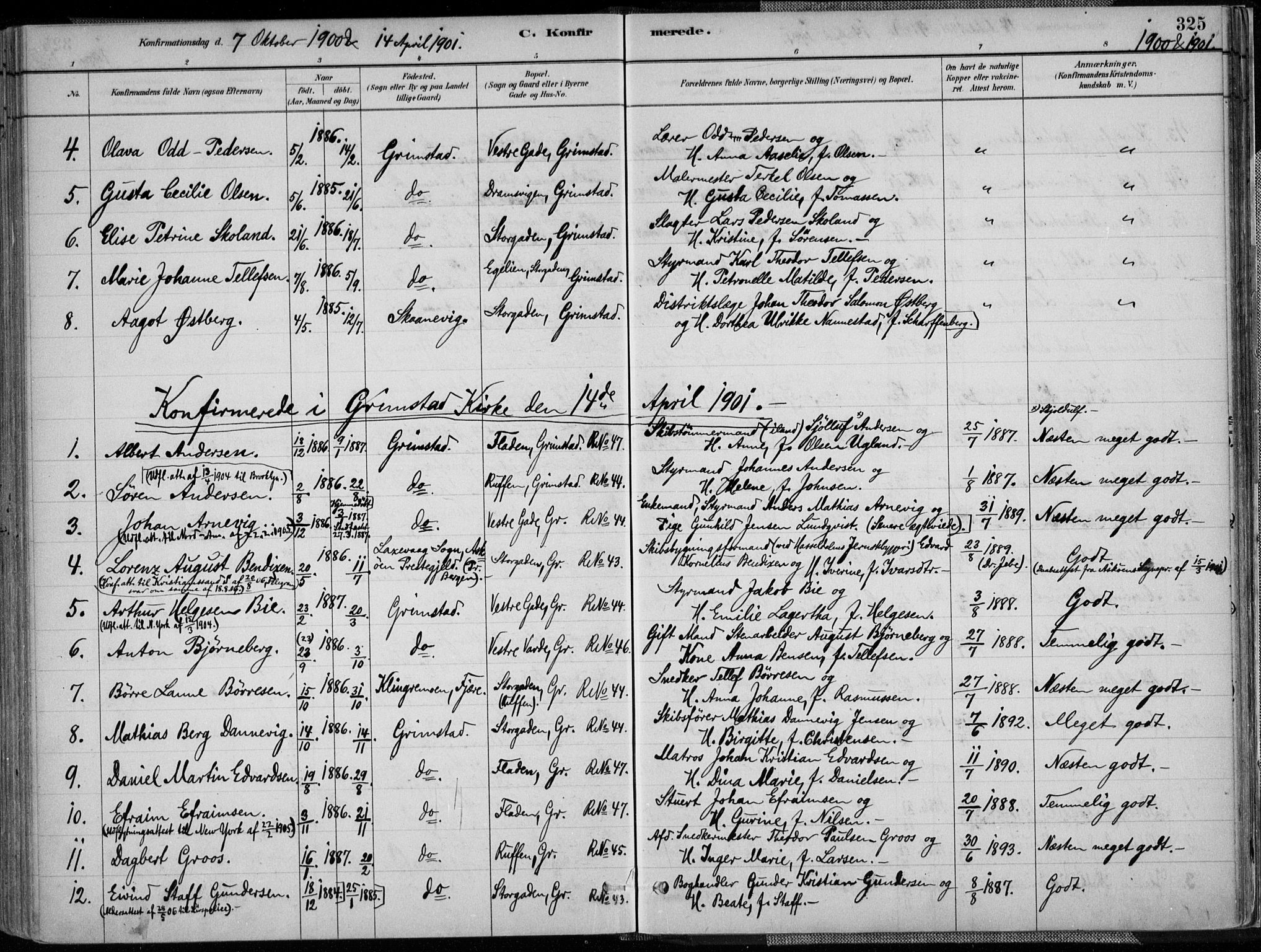 Grimstad sokneprestkontor, SAK/1111-0017/F/Fa/L0003: Parish register (official) no. A 2, 1882-1912, p. 325