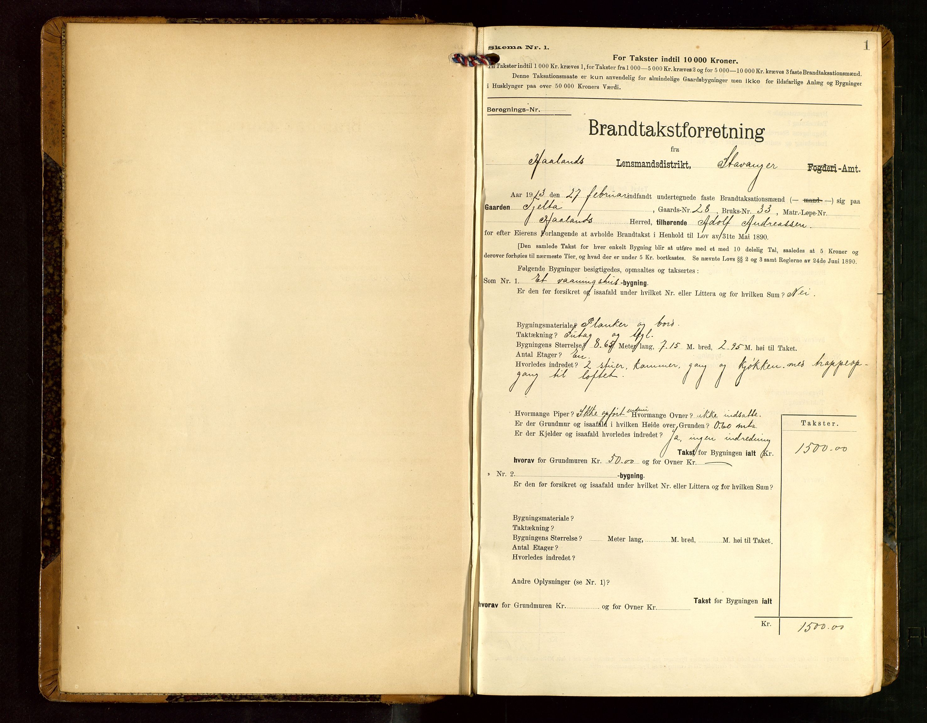 Håland lensmannskontor, SAST/A-100100/Gob/L0004: Branntakstprotokoll - skjematakst. Register i boken., 1913-1915, p. 1
