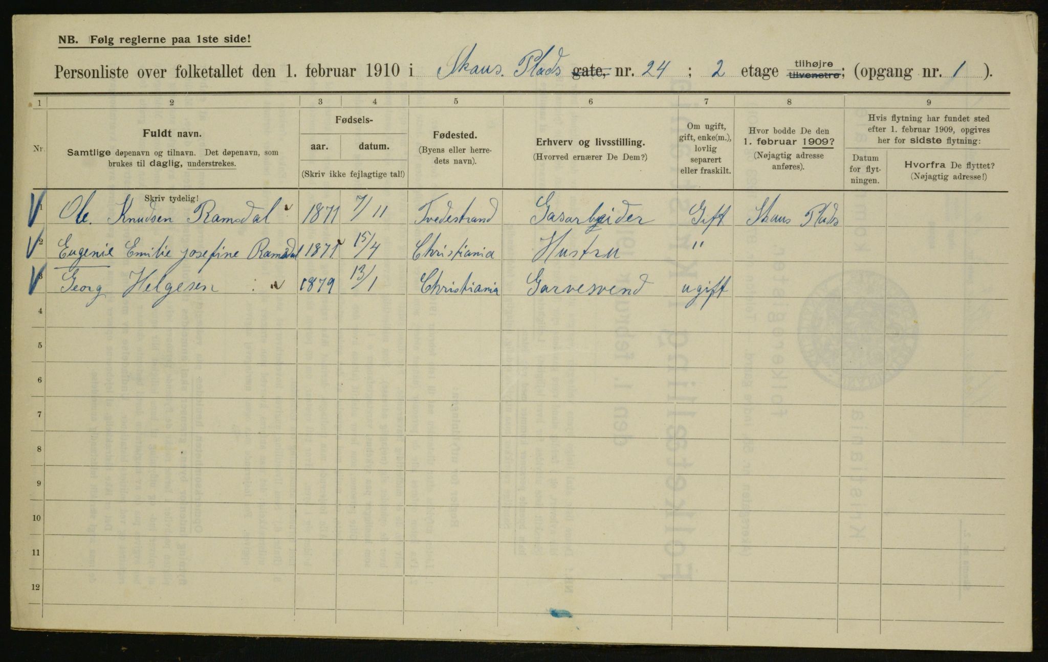 OBA, Municipal Census 1910 for Kristiania, 1910, p. 86487