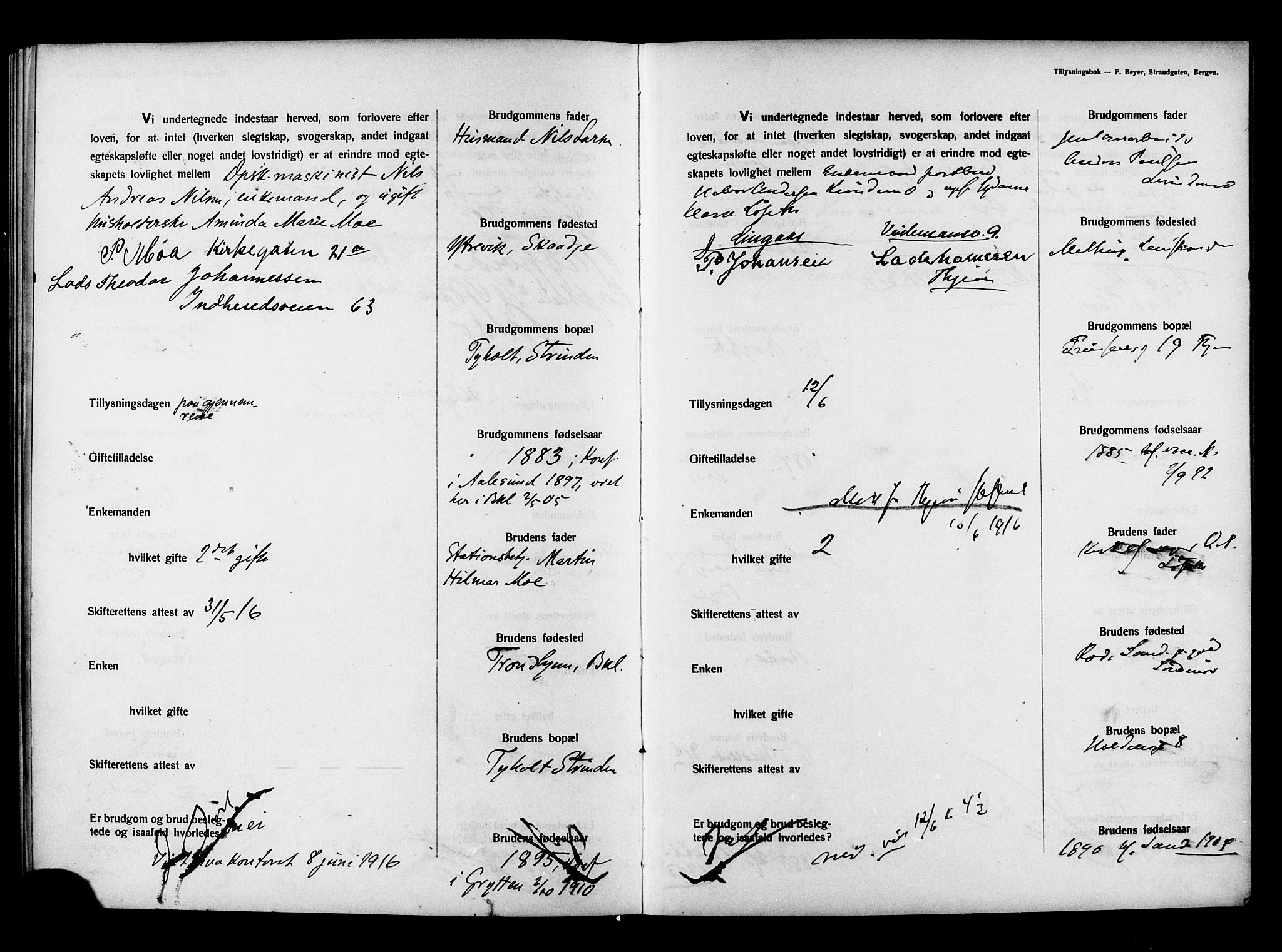 Ministerialprotokoller, klokkerbøker og fødselsregistre - Sør-Trøndelag, AV/SAT-A-1456/604/L0194: Banns register no. 604A15, 1912-1916