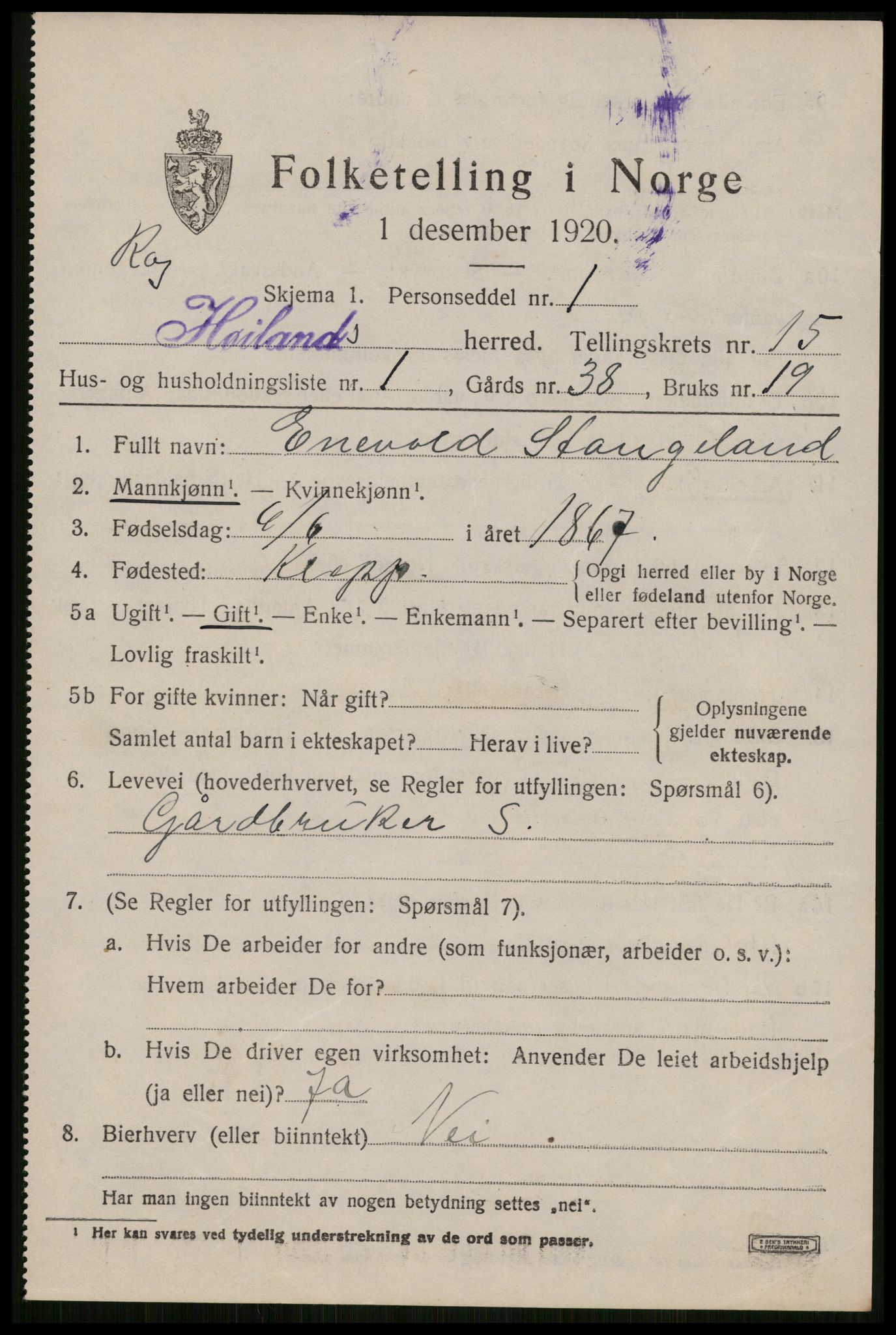 SAST, 1920 census for Høyland, 1920, p. 13666