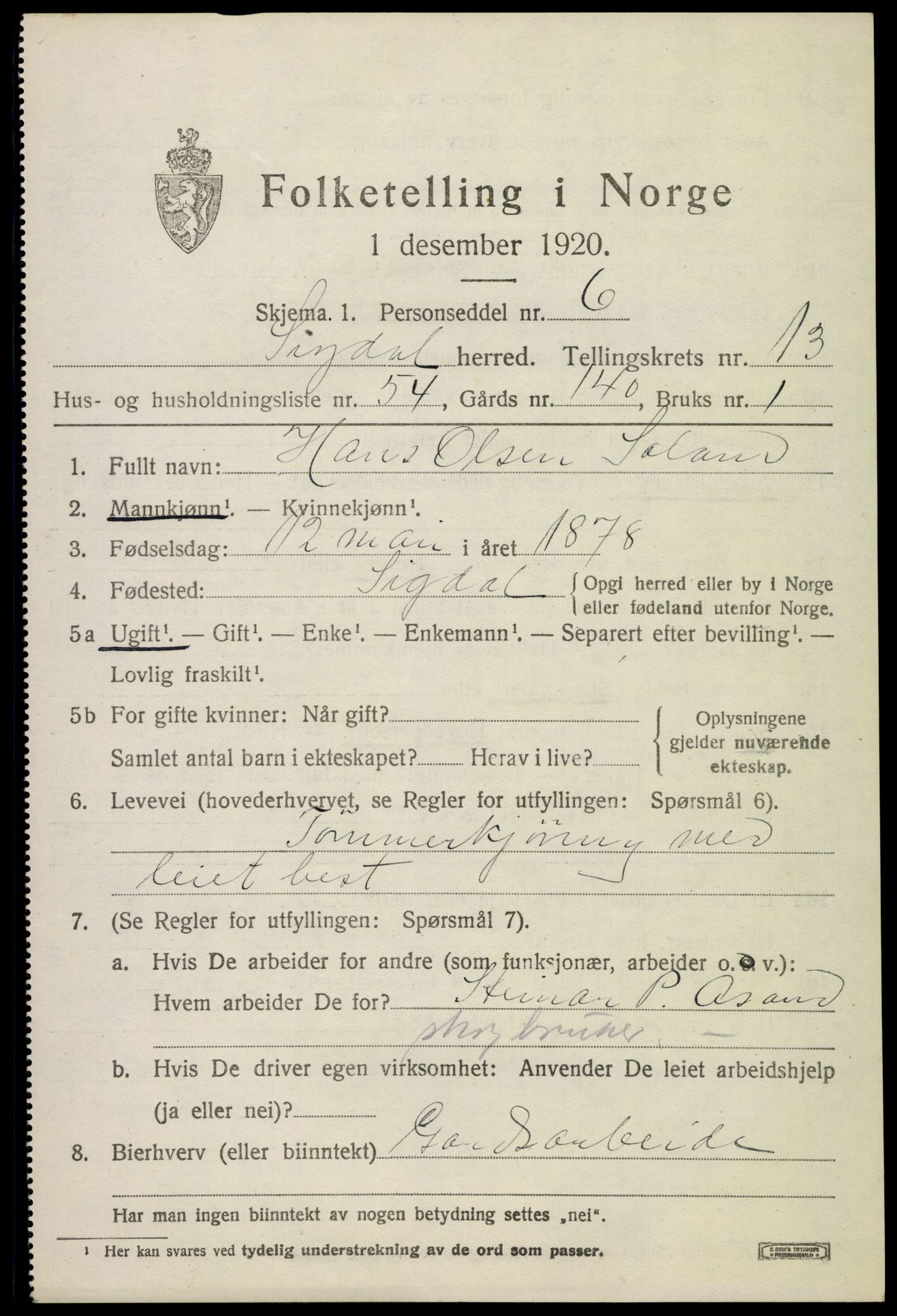 SAKO, 1920 census for Sigdal, 1920, p. 8628