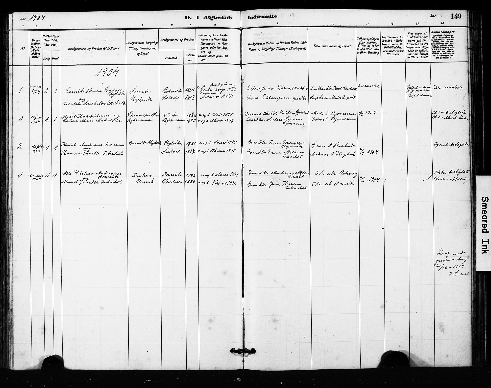 Ministerialprotokoller, klokkerbøker og fødselsregistre - Møre og Romsdal, SAT/A-1454/563/L0737: Parish register (copy) no. 563C01, 1878-1916, p. 149