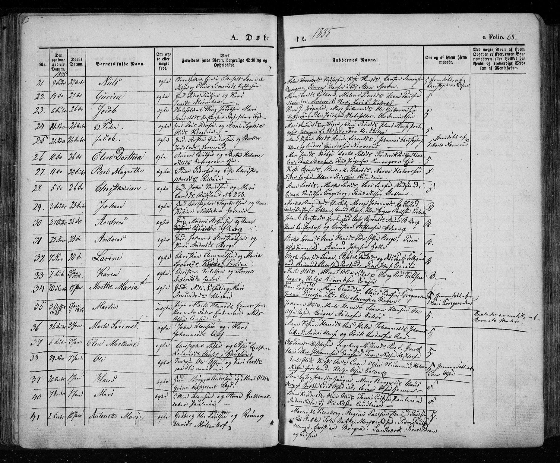 Eiker kirkebøker, AV/SAKO-A-4/F/Fa/L0013a: Parish register (official) no. I 13A, 1832-1845, p. 68