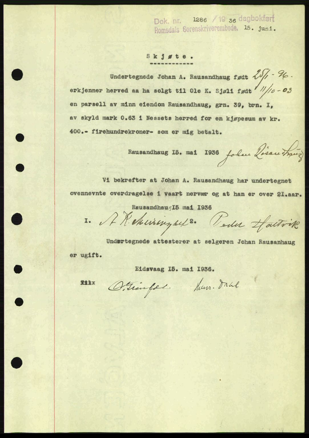 Romsdal sorenskriveri, AV/SAT-A-4149/1/2/2C: Mortgage book no. A1, 1936-1936, Diary no: : 1286/1936