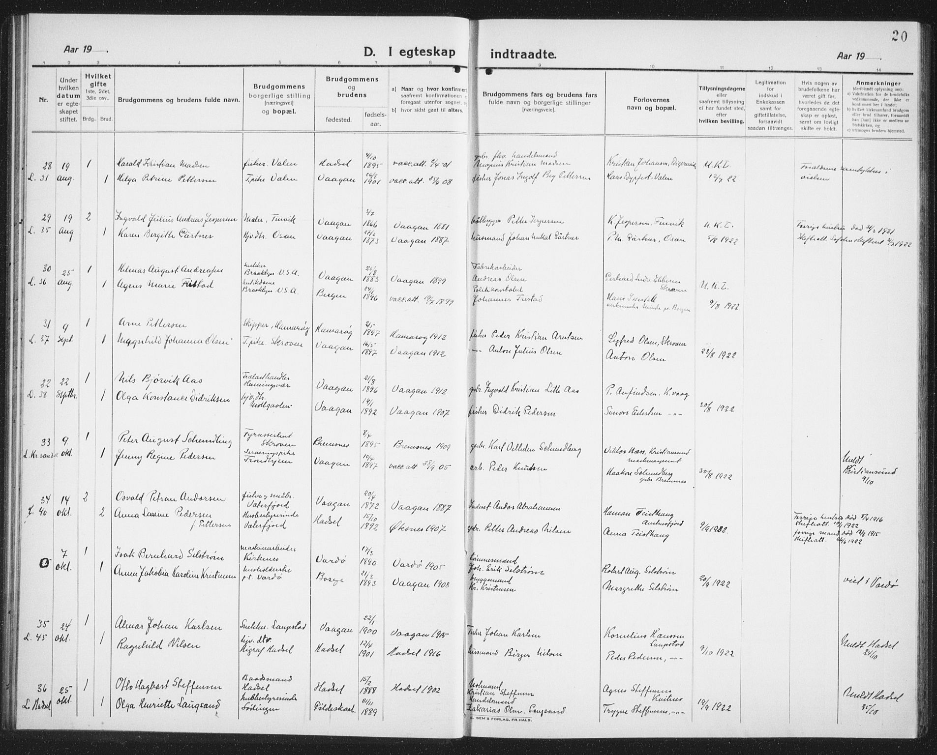 Ministerialprotokoller, klokkerbøker og fødselsregistre - Nordland, AV/SAT-A-1459/874/L1082: Parish register (copy) no. 874C11, 1920-1939, p. 20