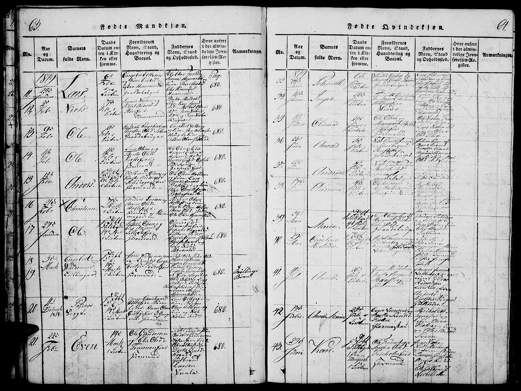 Stange prestekontor, AV/SAH-PREST-002/K/L0008: Parish register (official) no. 8, 1814-1825, p. 63-64