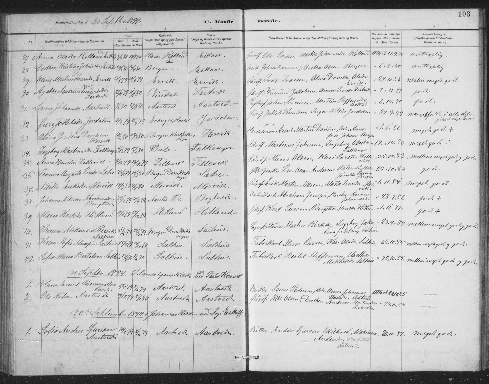 Åsane sokneprestembete, SAB/A-79401/H/Hab: Parish register (copy) no. A 2, 1885-1898, p. 103