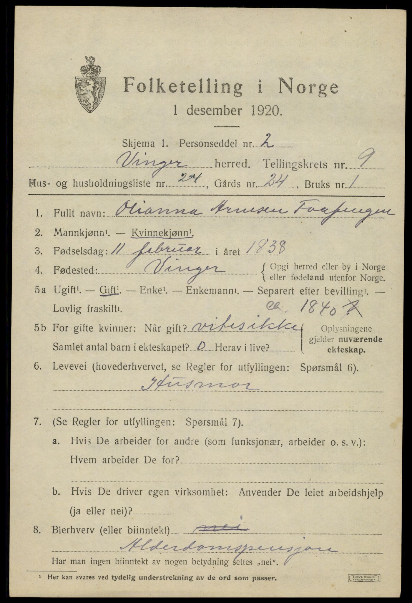 SAH, 1920 census for Vinger, 1920, p. 8372