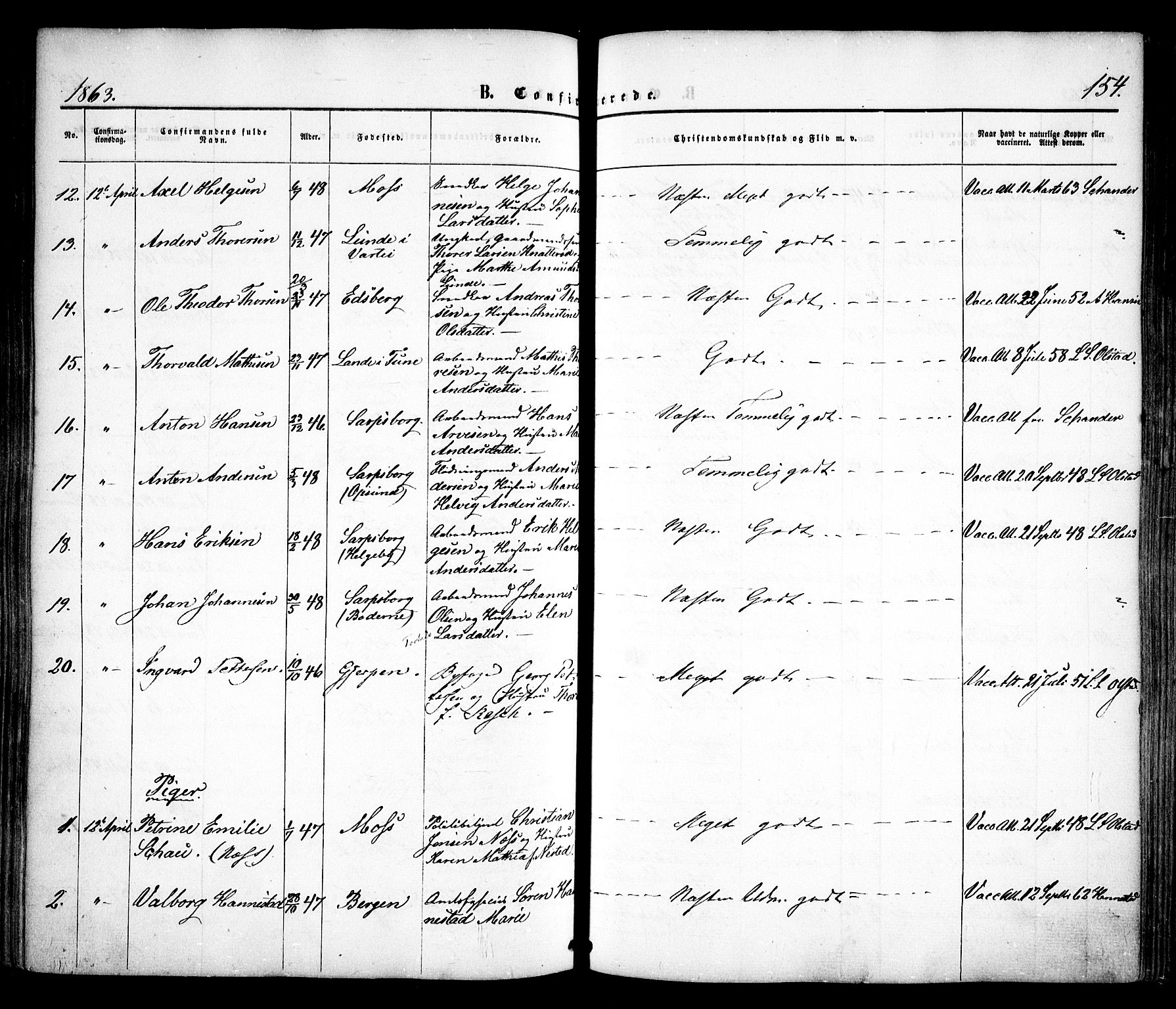 Sarpsborg prestekontor Kirkebøker, AV/SAO-A-2006/F/Fa/L0001: Parish register (official) no. 1, 1859-1868, p. 154