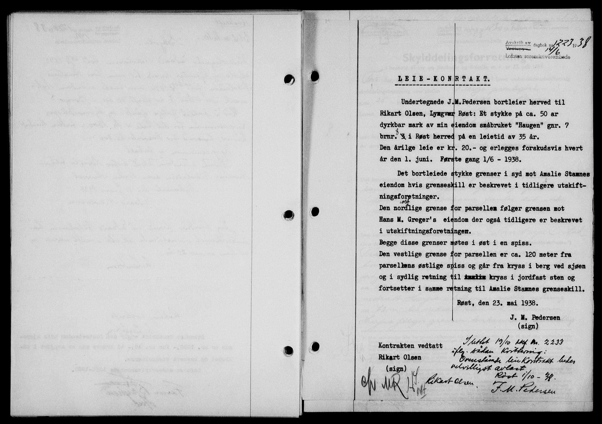 Lofoten sorenskriveri, SAT/A-0017/1/2/2C/L0004a: Mortgage book no. 4a, 1938-1938, Diary no: : 1223/1938