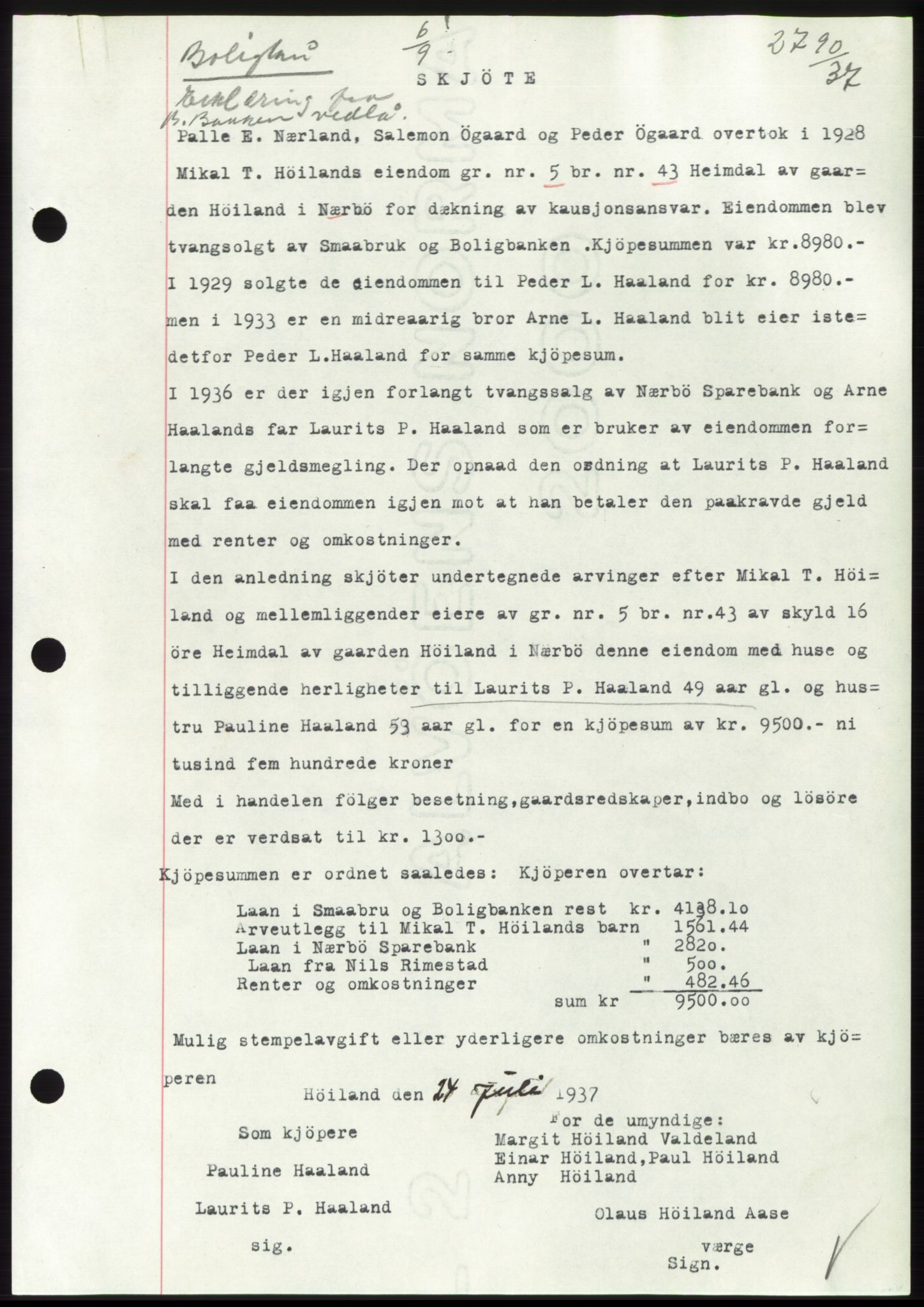 Jæren sorenskriveri, SAST/A-100310/03/G/Gba/L0069: Mortgage book, 1937-1937, Diary no: : 2790/1937