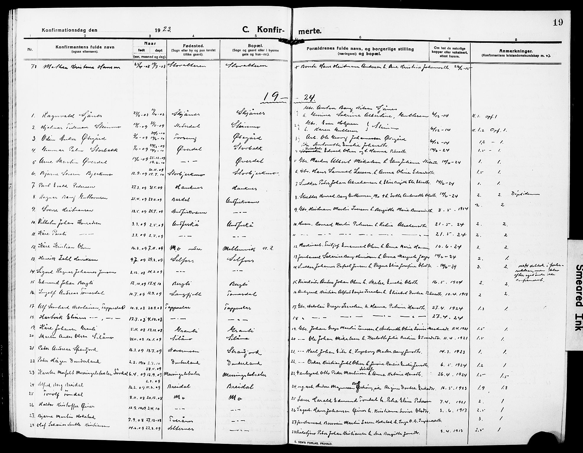 Ministerialprotokoller, klokkerbøker og fødselsregistre - Nordland, SAT/A-1459/827/L0424: Parish register (copy) no. 827C13, 1921-1930, p. 19