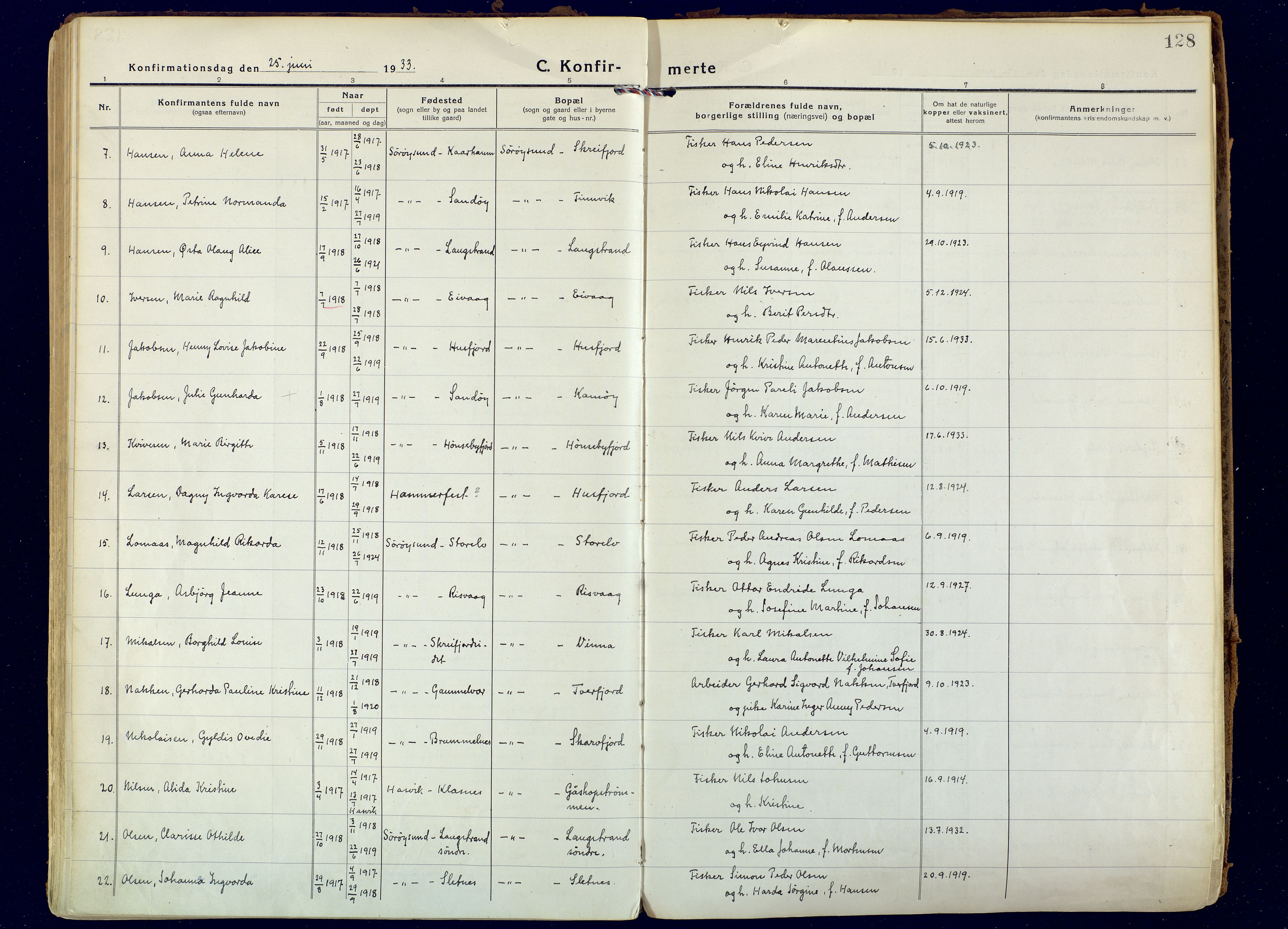 Hammerfest sokneprestkontor, AV/SATØ-S-1347/H/Ha/L0018.kirke: Parish register (official) no. 18, 1918-1933, p. 128