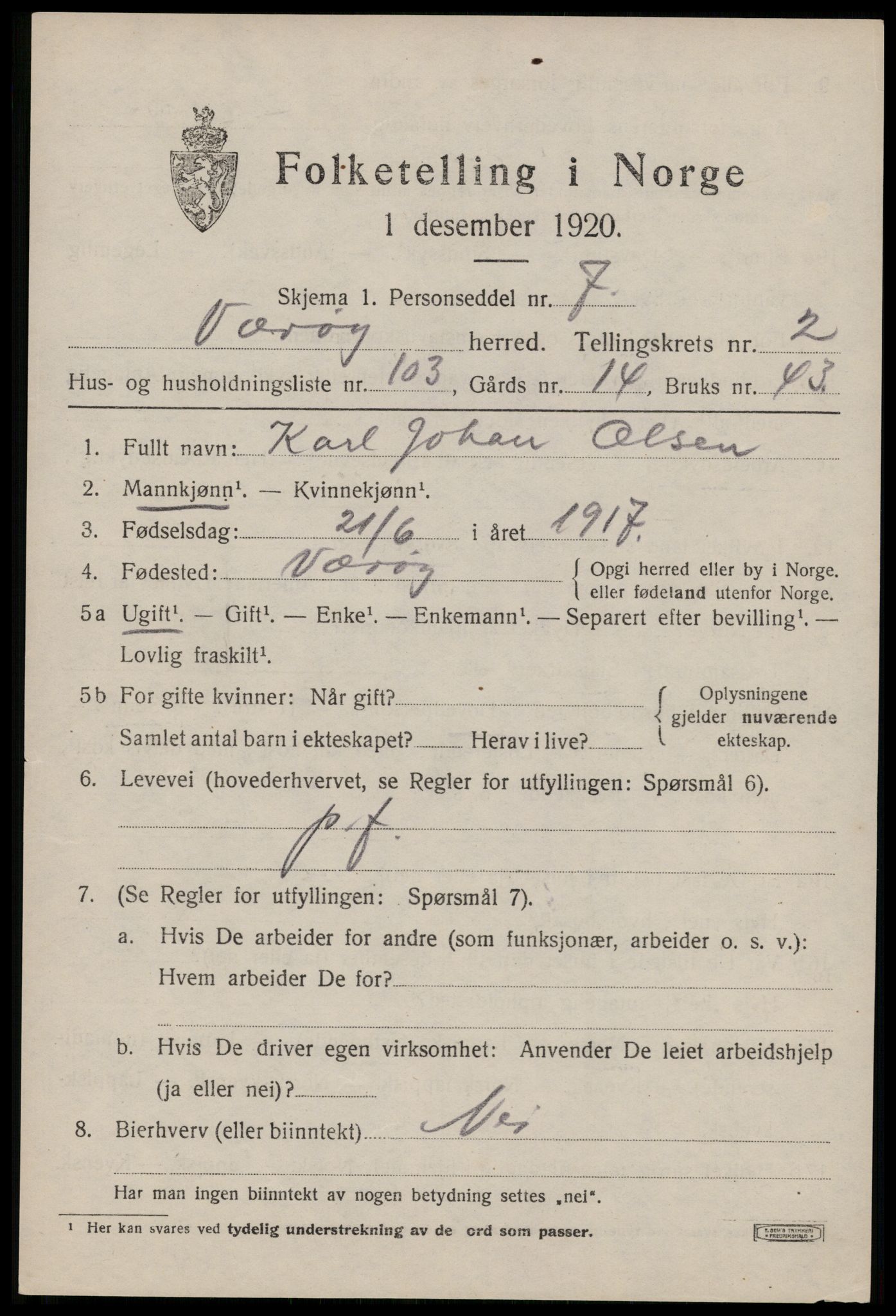 SAT, 1920 census for Værøy, 1920, p. 2211