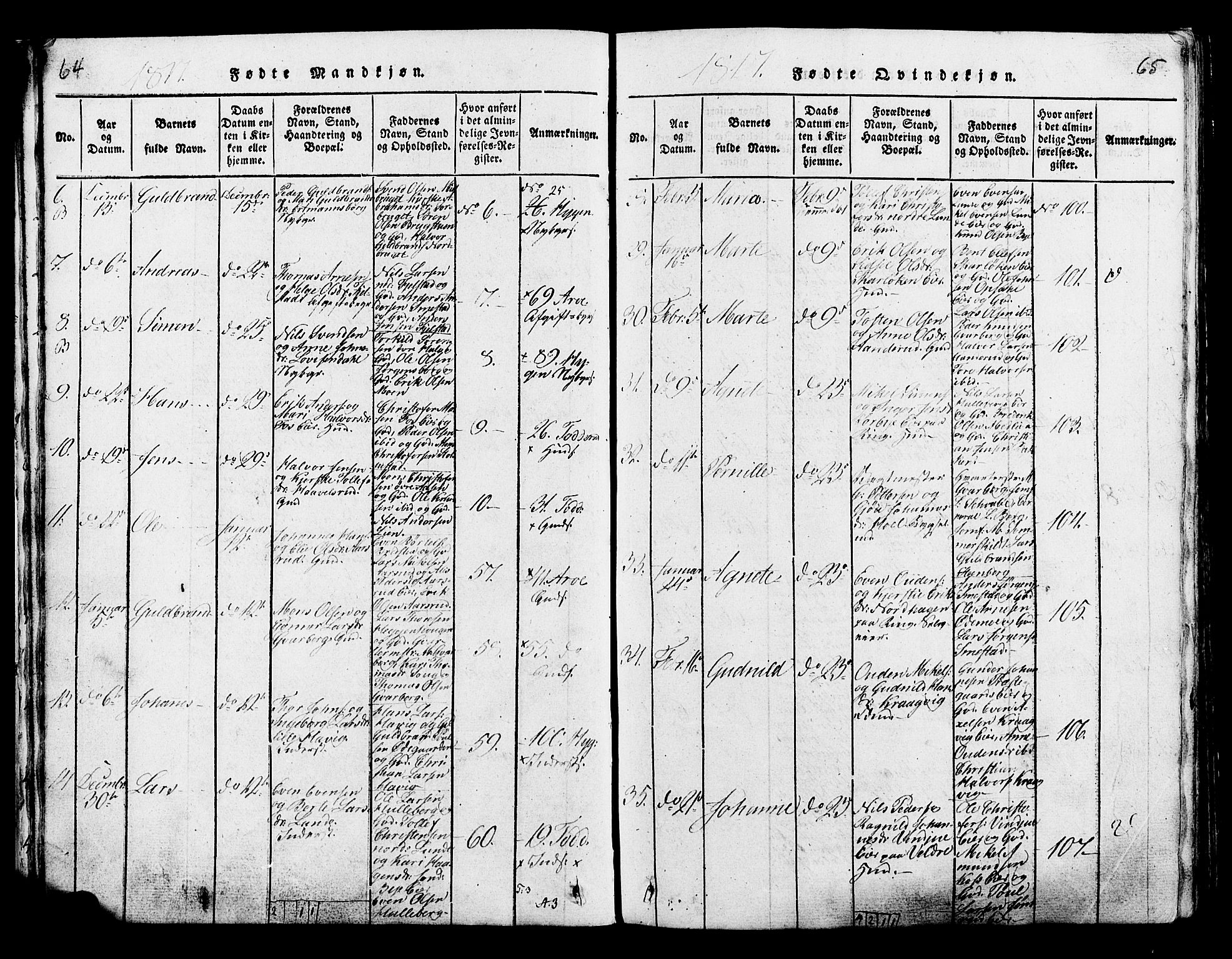 Ringsaker prestekontor, SAH/PREST-014/K/Ka/L0005: Parish register (official) no. 5, 1814-1826, p. 64-65