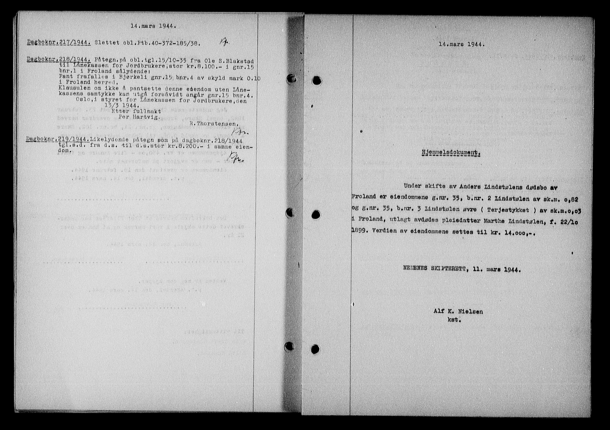Nedenes sorenskriveri, SAK/1221-0006/G/Gb/Gba/L0051: Mortgage book no. A-V, 1943-1944, Diary no: : 217/1944