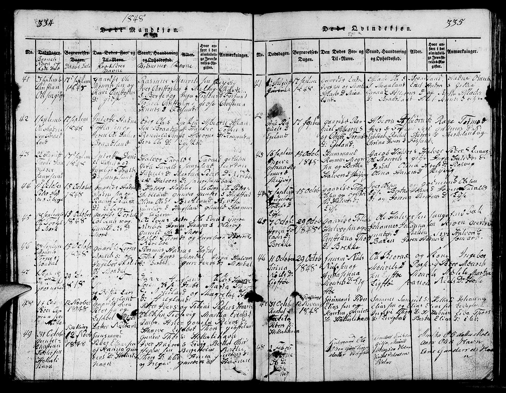 Strand sokneprestkontor, AV/SAST-A-101828/H/Ha/Hab/L0002: Parish register (copy) no. B 2, 1816-1854, p. 334-335